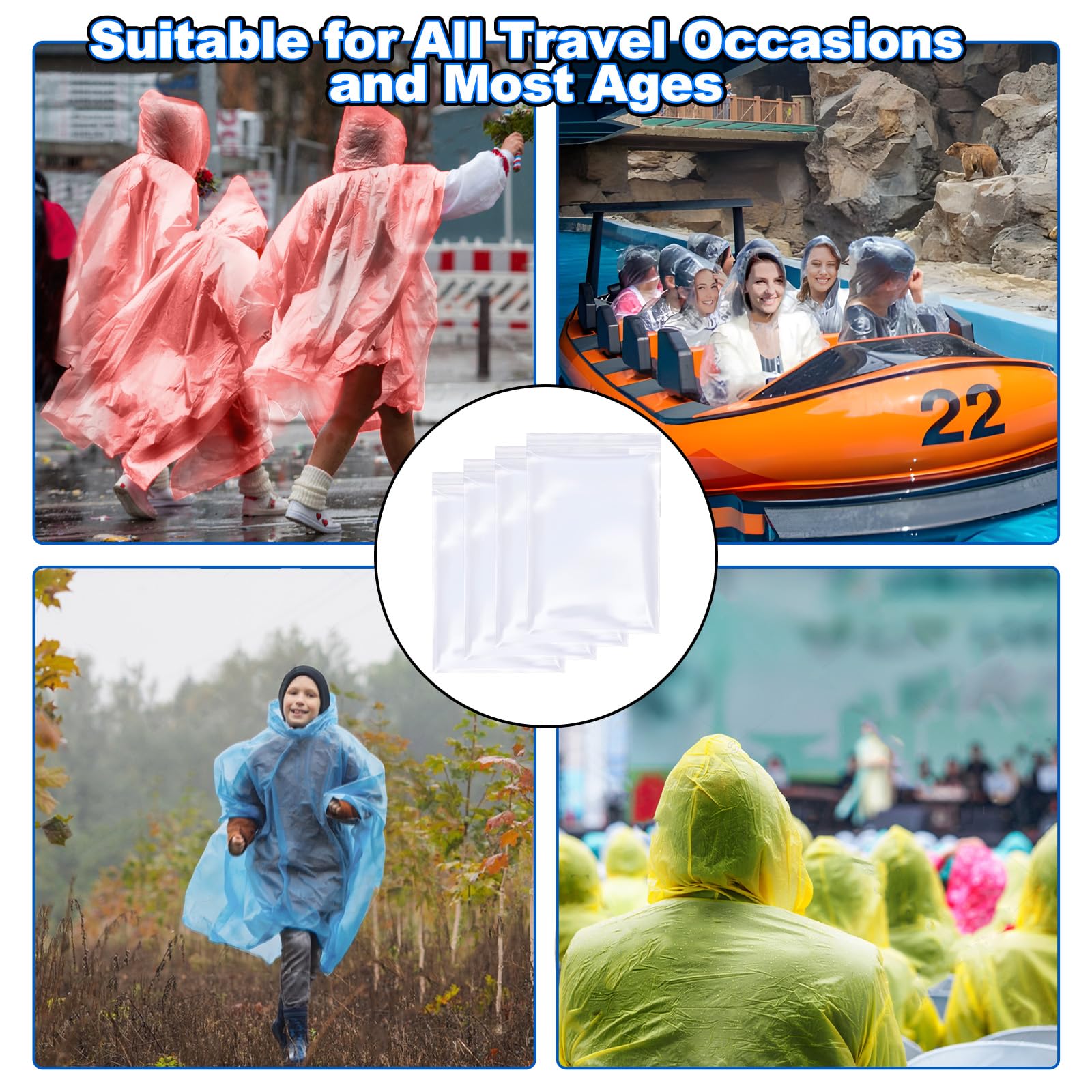 Paquete de 108 ponchos de lluvia desechables para adultos, de plástico, con capucha, para hombres y mujeres, camping al aire libre