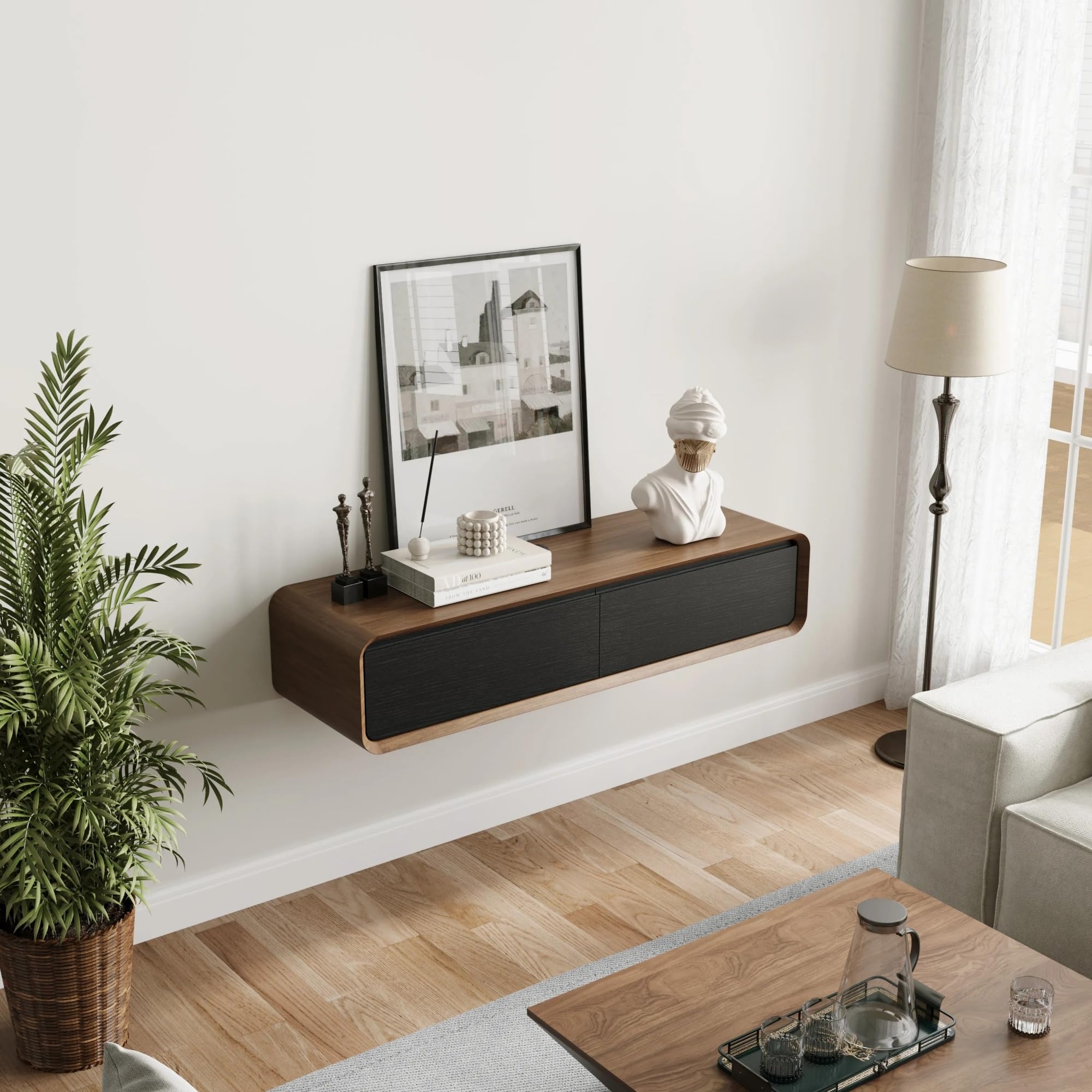 POVISON Mueble de TV flotante de 120 cm, moderno color negro y roble de madera maciza con 2 cajones, mueble para TV con gestión de cables, mueble completo con espacio de almacenamiento para salón