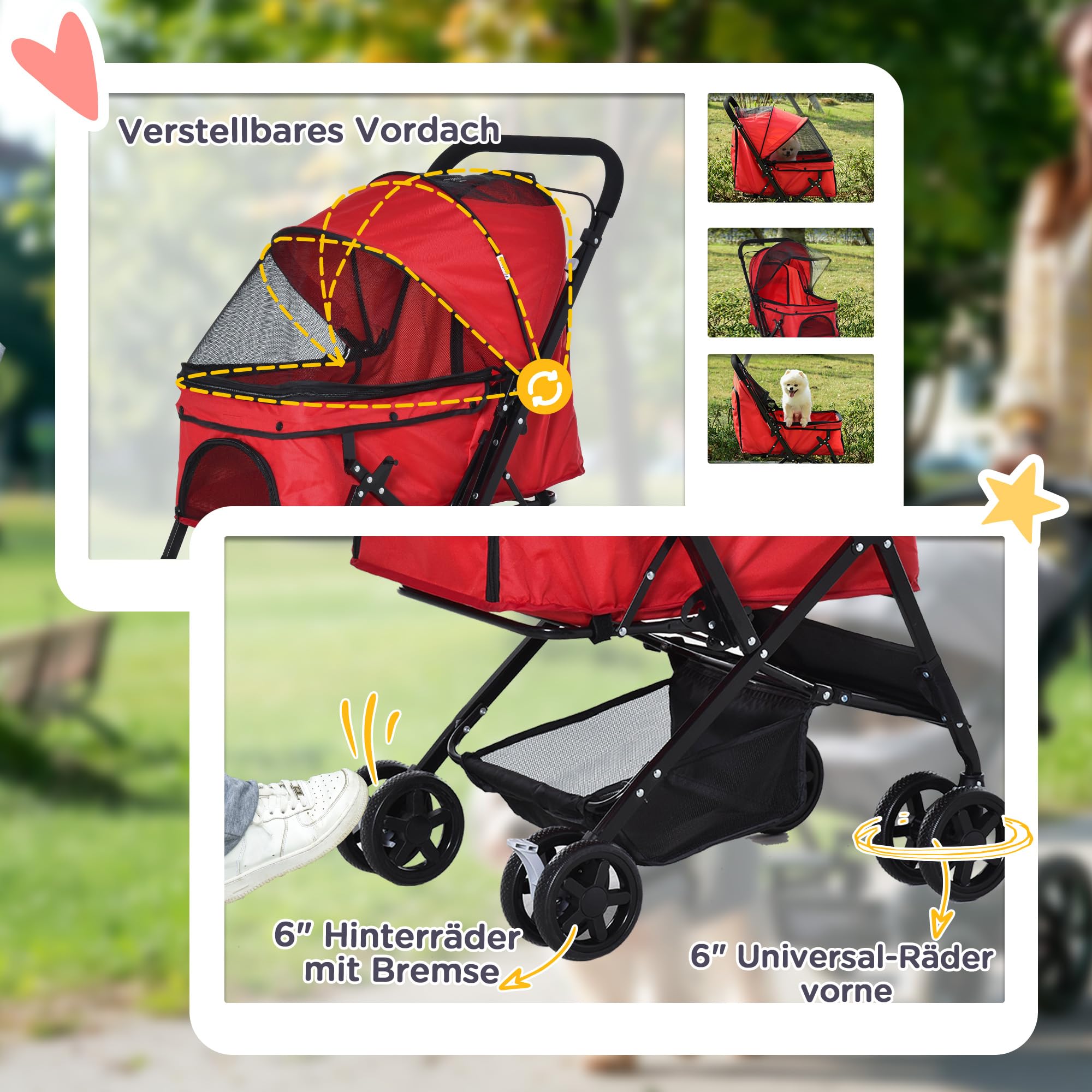 PawHut Hundebuggy Hundewagen Buggy für kleine Hunde und Katzen Haustierwagen Pet Stroller Katzenbuggy Oxford Rot 76,5 x 52 x 95 cm