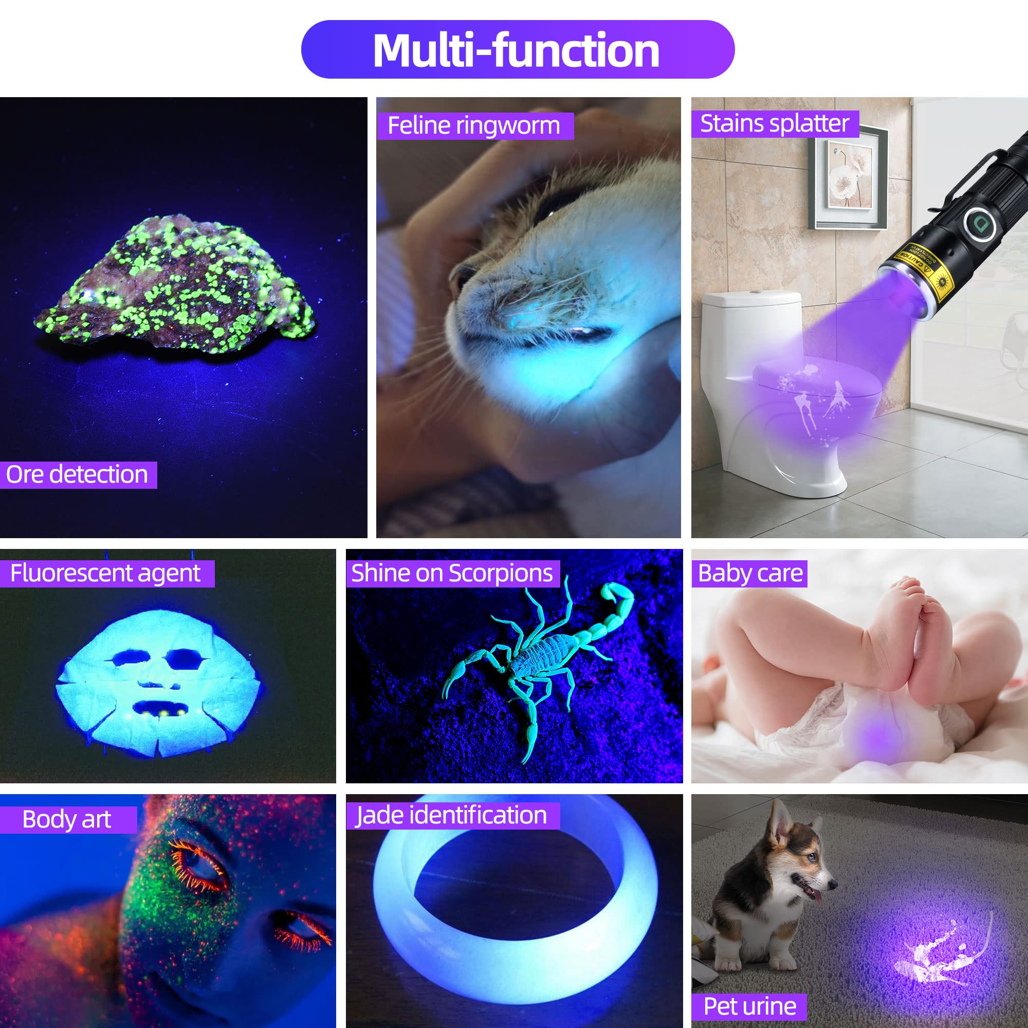 DARKDAWN UV 395nm Luz Linterna USB Recargable, Ultravioleta LED Luz Negra Mini Lampe de Wood con Zoom, 400nm Detector de Orina, Fluorescente, Mascotas, Escorpiones, Vidrio de Uranio, Resina, 2 Paquete