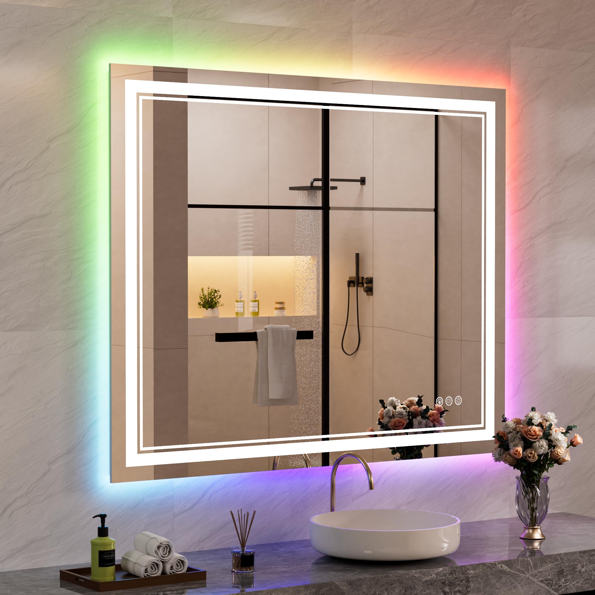 ISTRIPMF 44x36 inch LED Bathroom Mirror with RGB Lights, Color Changing Backlit Mirror, Shatterproof, Dimmable Anti-Fog, Lighted Vanity Mirror (RGB Multicolor Backlit + Adjustable Front-Lighted)