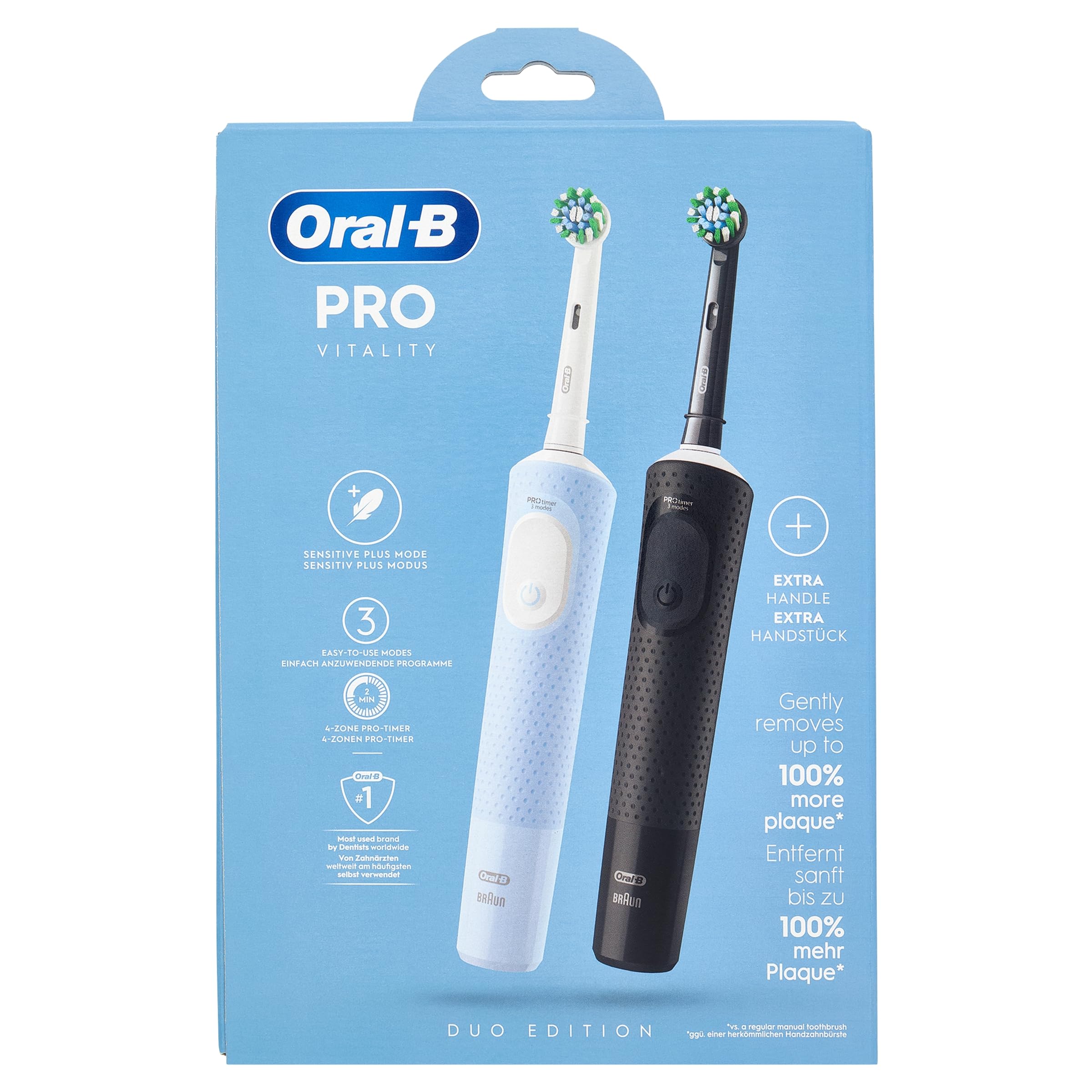 Vitality Pro Electric Toothbrush/Electric Toothbrush, Double Pack, 3 Cleaning Modes for Dental Care, Designed by Brown, Blue/Black