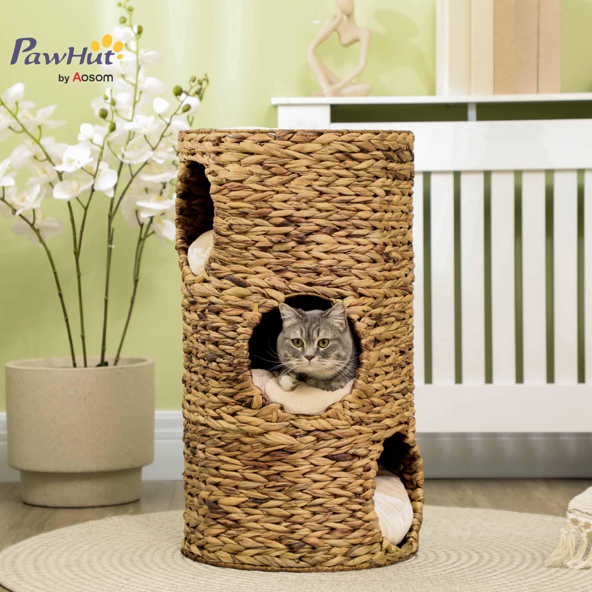 PawHut Tazzone tiragraffi alto 73 cm con 3 grotte, albero tiragraffi con cuscino, torre per gatti in giacinto d'acqua, per gatti fino a 3,5 kg, marrone chiaro