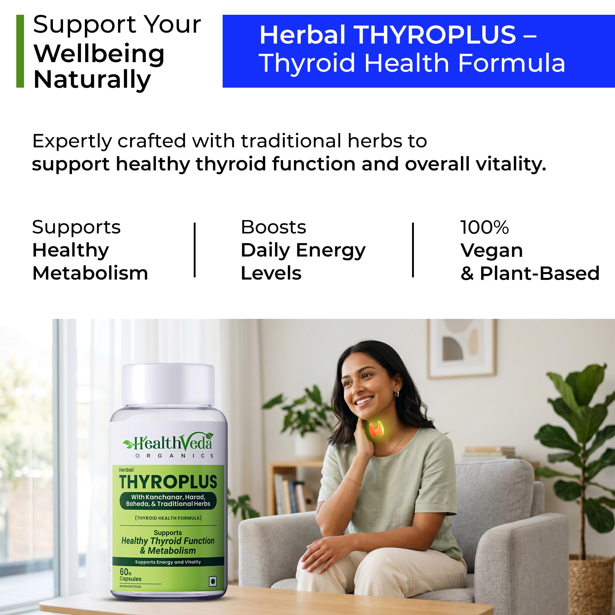 Health Veda Organics Thyroplus Herbal Supplement | Supports Thyroid Health & Metabolism | With Kanchanar, Baheda & Amla | 60 Veg Capsules 1