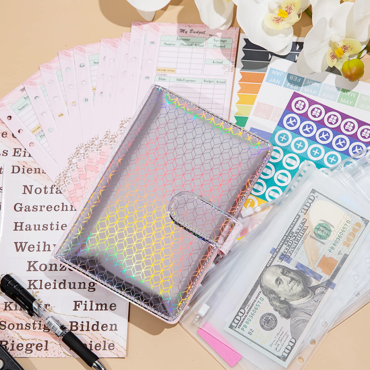 TANGBOHU A6 Budgetplanner – 6-ringen Map Met Cash Enveloppen, Stickers En Maandoverzichten – Roze Diamant