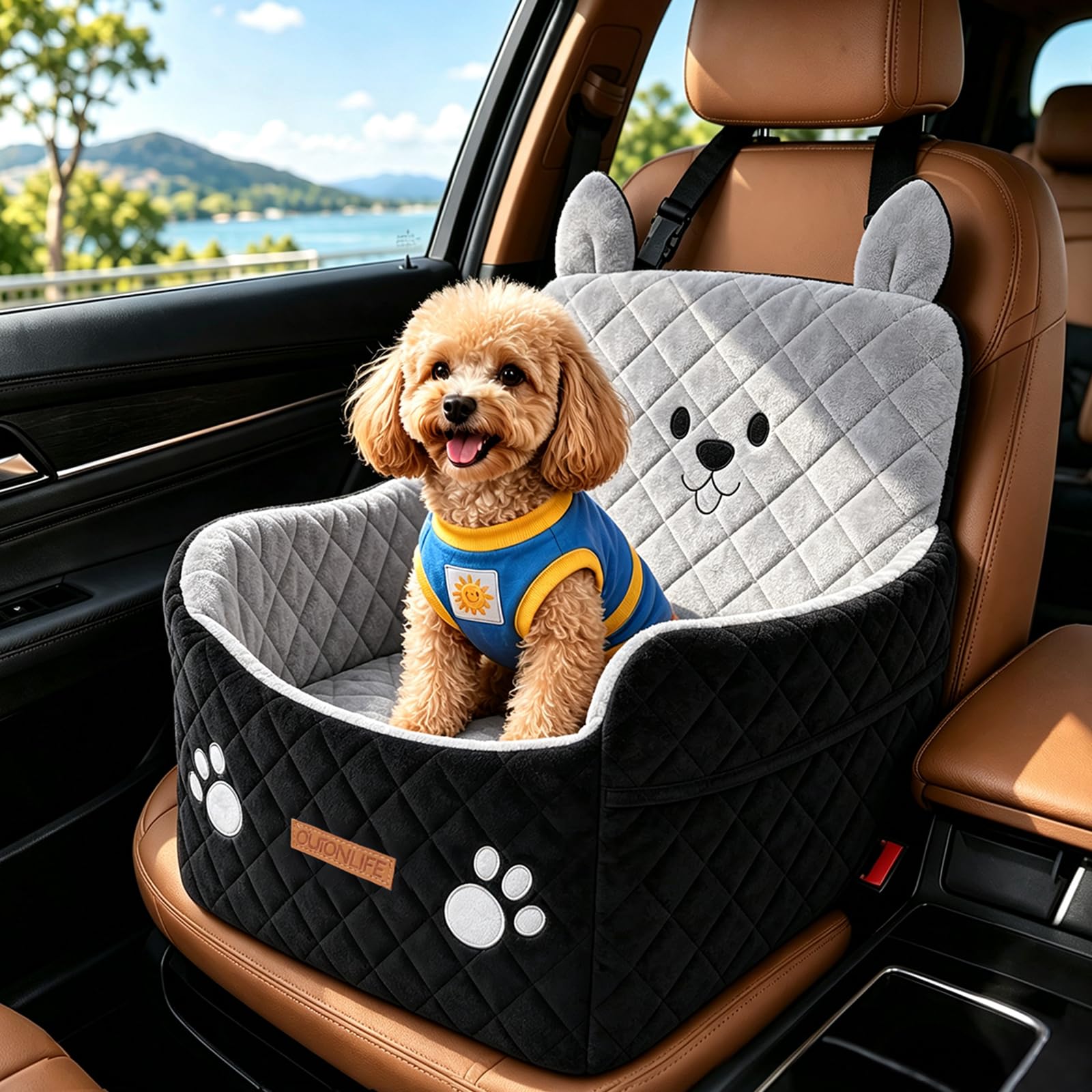 Seggiolino Auto per Cani Piccoli e Medi fino a 16 kg | Rialzato di 15 cm, con cuscino ad alta densità, fodera lavabile, cintura di sicurezza e uso come cuccia da viaggio
