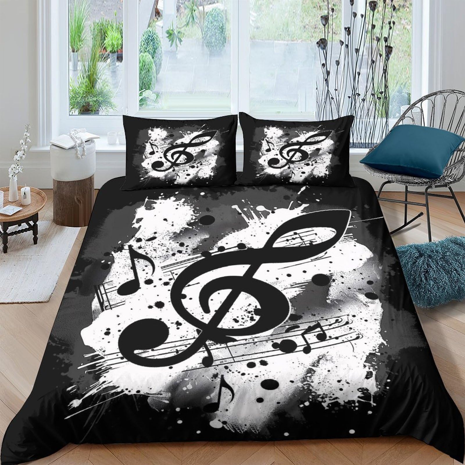Ctjqhvkz Style-8 3D Printed Music Note Fitted Sheet Microfiber Black White Artistic Melody Bed Cover Bedroom Decor Mattress Protection Single（135X200cm）