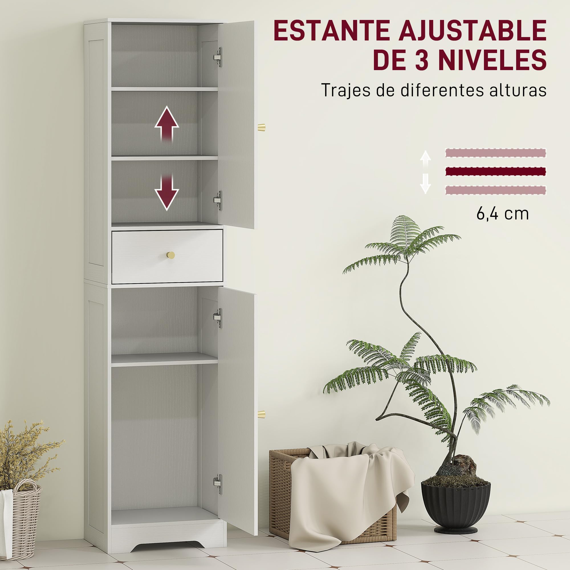 HOMCOM Armario Alto de Baño Estrecho Cajón 40x29,5x170 cm Blanco Veteado | 2 Puertas Arqueadas, Estantes Ajustables, Columna de Baño, Estilo Moderno, para Salón Aseo Cocina