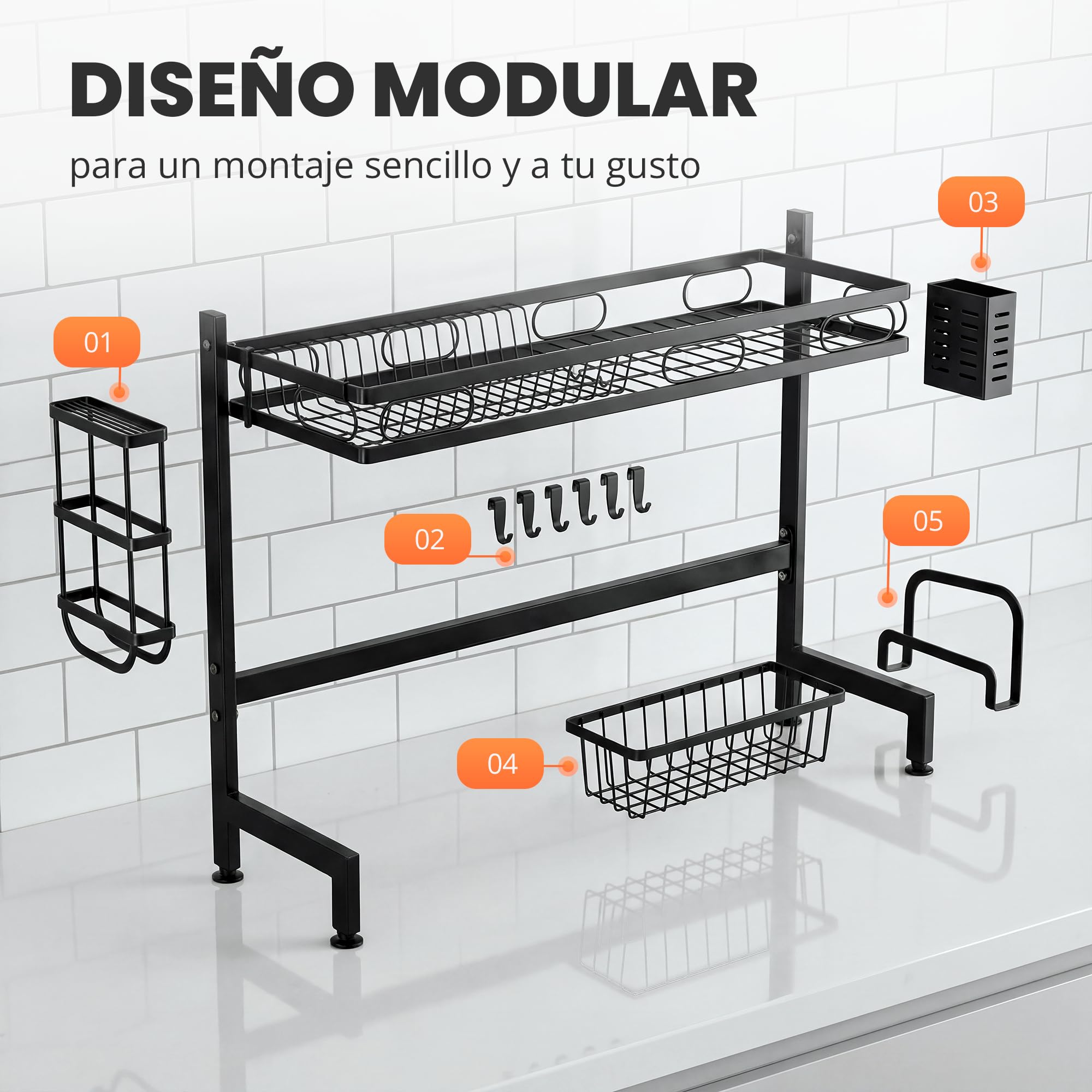 JUPPLIES Escurreplatos sobre Fregadero 2 Niveles 85x30x52,5cm – Escurridor de Platos de Acero Inoxidable con Soporte para Cubiertos, Tabla de Cortar y Ganchos – Escurre Platos Antideslizante Negro