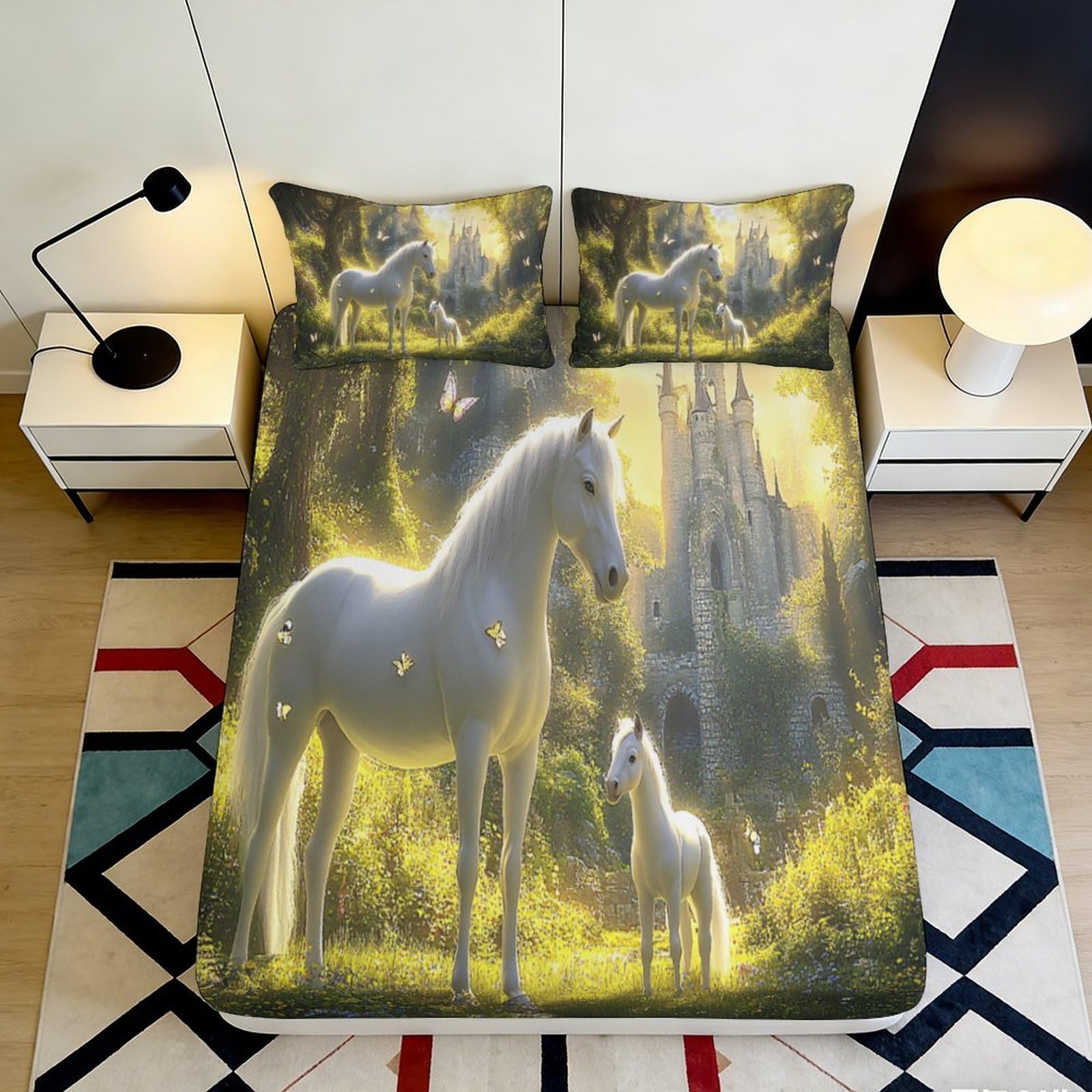 Pnayamiorkfel Style-1 3D Printed Fantasy Castle Unicorn Fitted Sheet Microfiber Soft Bedroom Decor Bed Cover For All Ages 90X200x25cm
