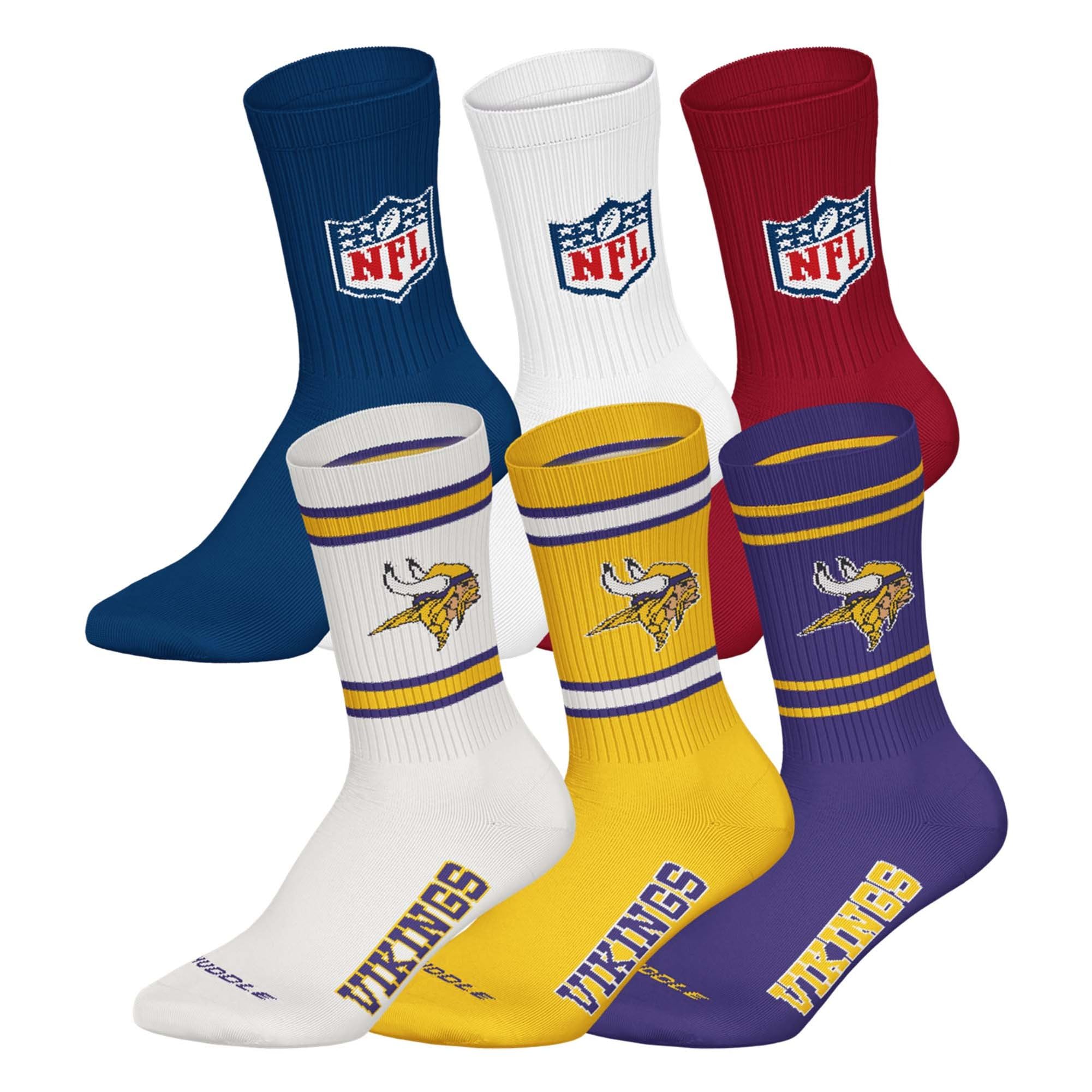 NFL Unisex Team Crew Socks, Minnesota Vikings 2, Mix, 39-42, Pack of 6