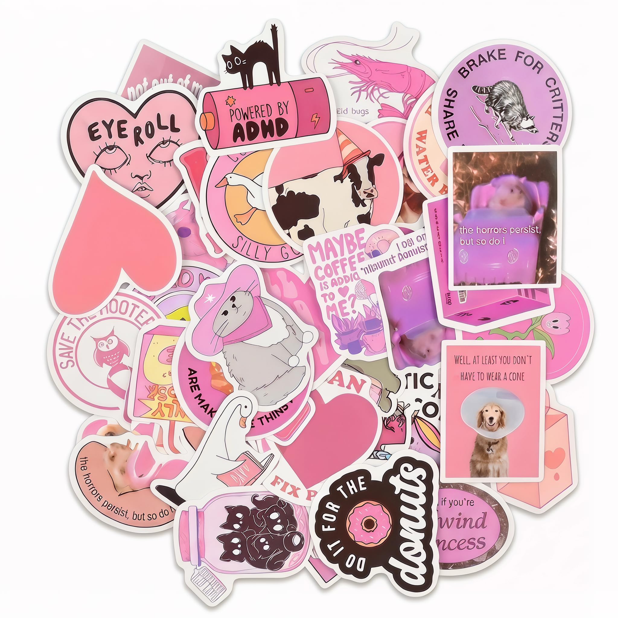 SOLVIO 110Pcs Pink Funny Stickers for Adults and Girls, Cute Aesthetic Waterproof Vinyl Decals for Laptop, Water Bottle, Scrapbook, Skateboard and Luggage
