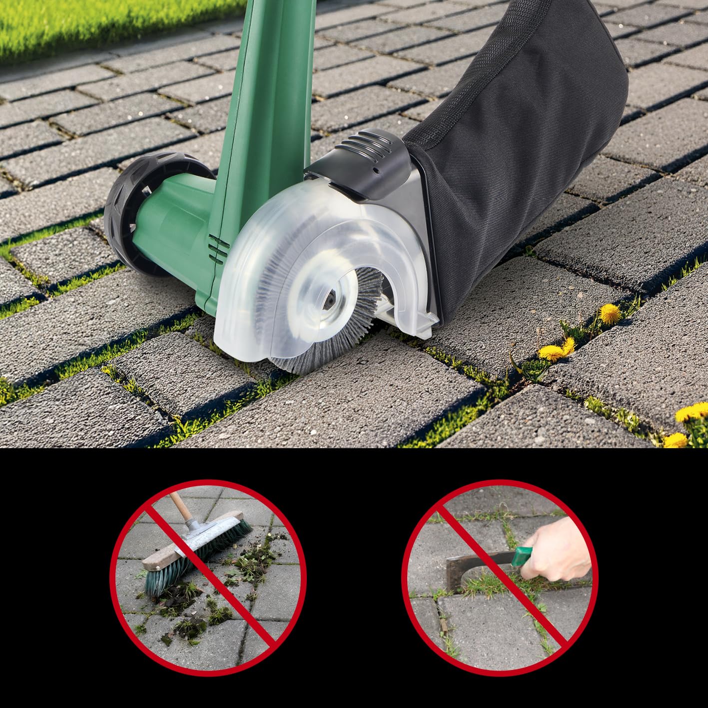 EASYmaxx Cepillo de limpieza eléctrico, cepillo de limpieza con 2 cabezales de cepillo incluidos, cepillo para juntas y dispositivo de limpieza, incluye red colectora de 1,3 litros, rueda guía