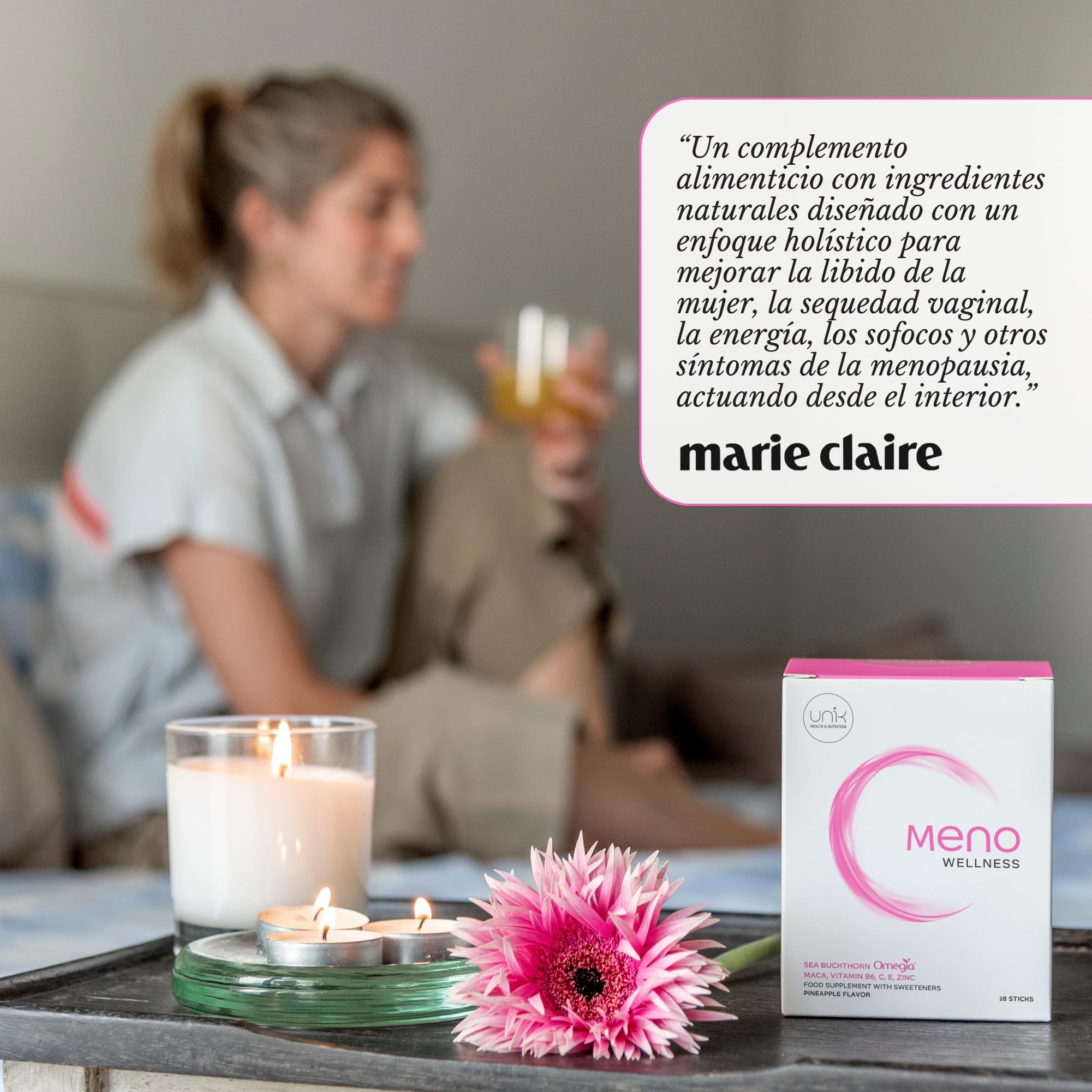 Suplemento Menopausia Sofocos Perimenopausia Premenopausia – Maca Andina Espino Amarillo OMEGIA™ Zinc Vitamina B6 C E – Regulador Hormonal Mujer – Ayuda al Libido Energía – 28 Sticks