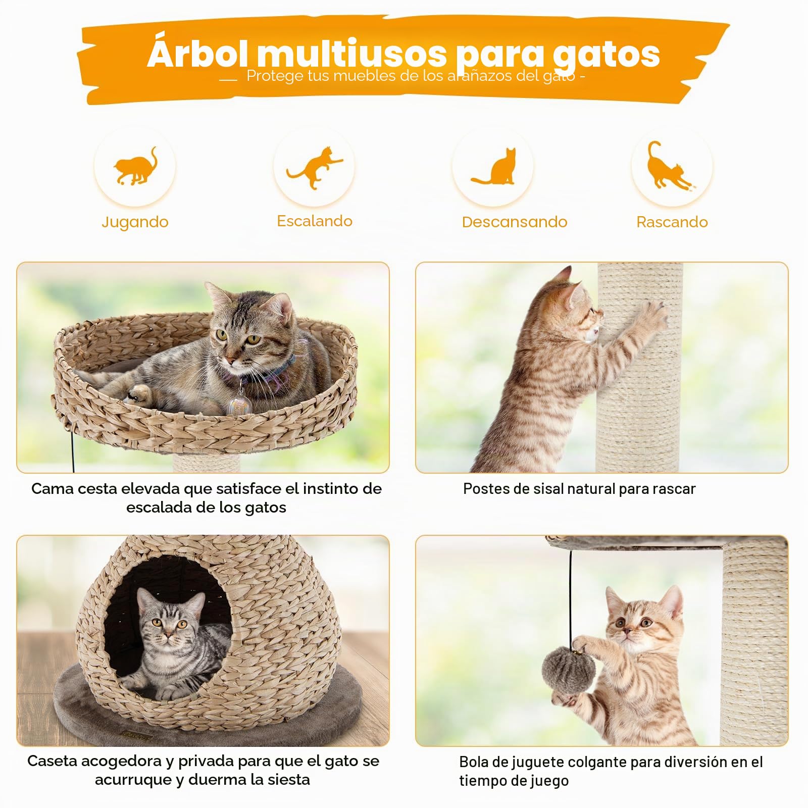SOARS Árbol Rascador para Gatos, Poste Rascador de 71 cm de Altura con Camas, Bola Colgante, Tronco de