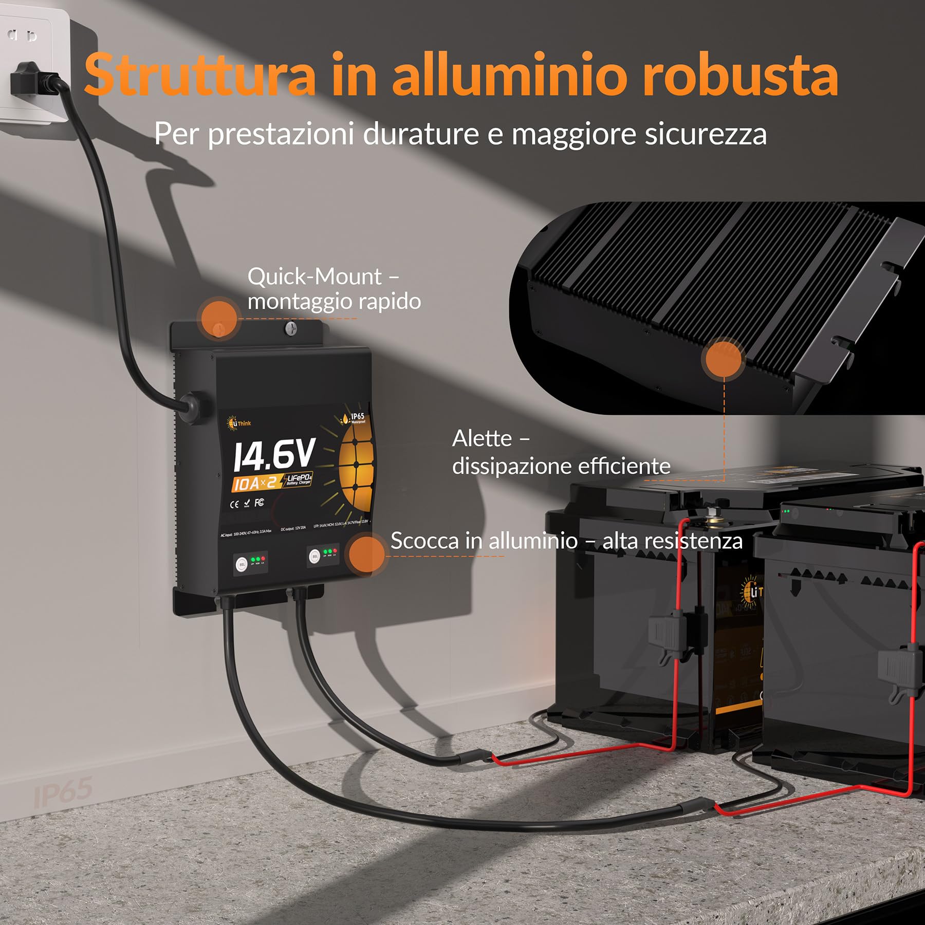 Caricabatterie 14,6V 10A a 2 canali, impermeabile IP65