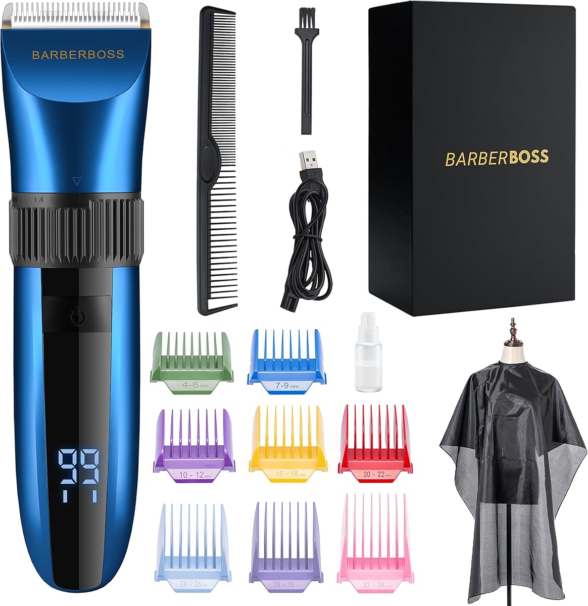 BarberBoss Cordless Self-Sharpening Beard & Hair Trimmer, Ceramic Blades, LED Display, Fast Charging, and 8 Color Comb Attachments QR-2082