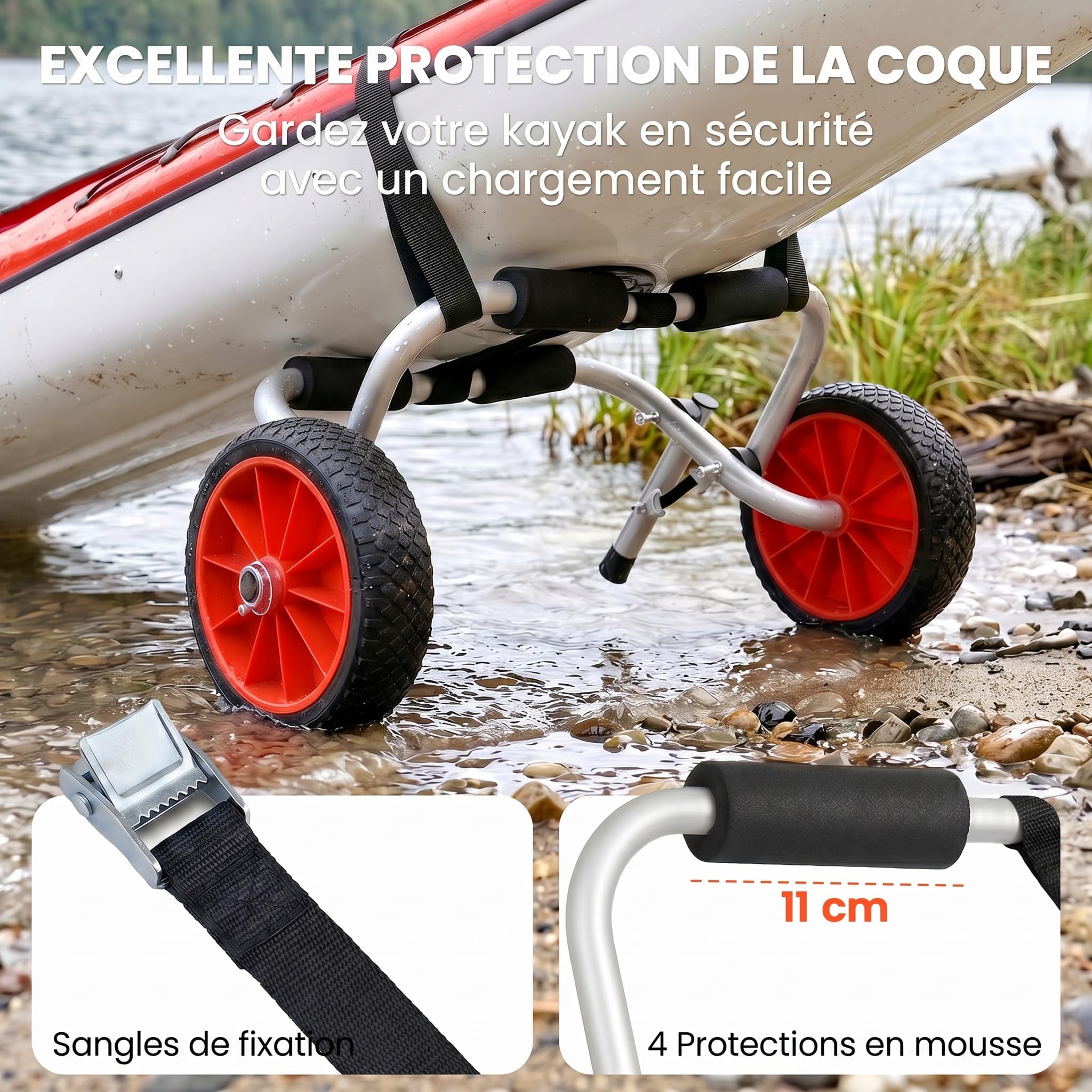 Outsunny Chariot Sit On Top Kayak Pliable, Chariot Kayak, Canoë, 70 Kg | Chariot de Transport, Pour Bateaux, Alu, Mousse Antidérapante