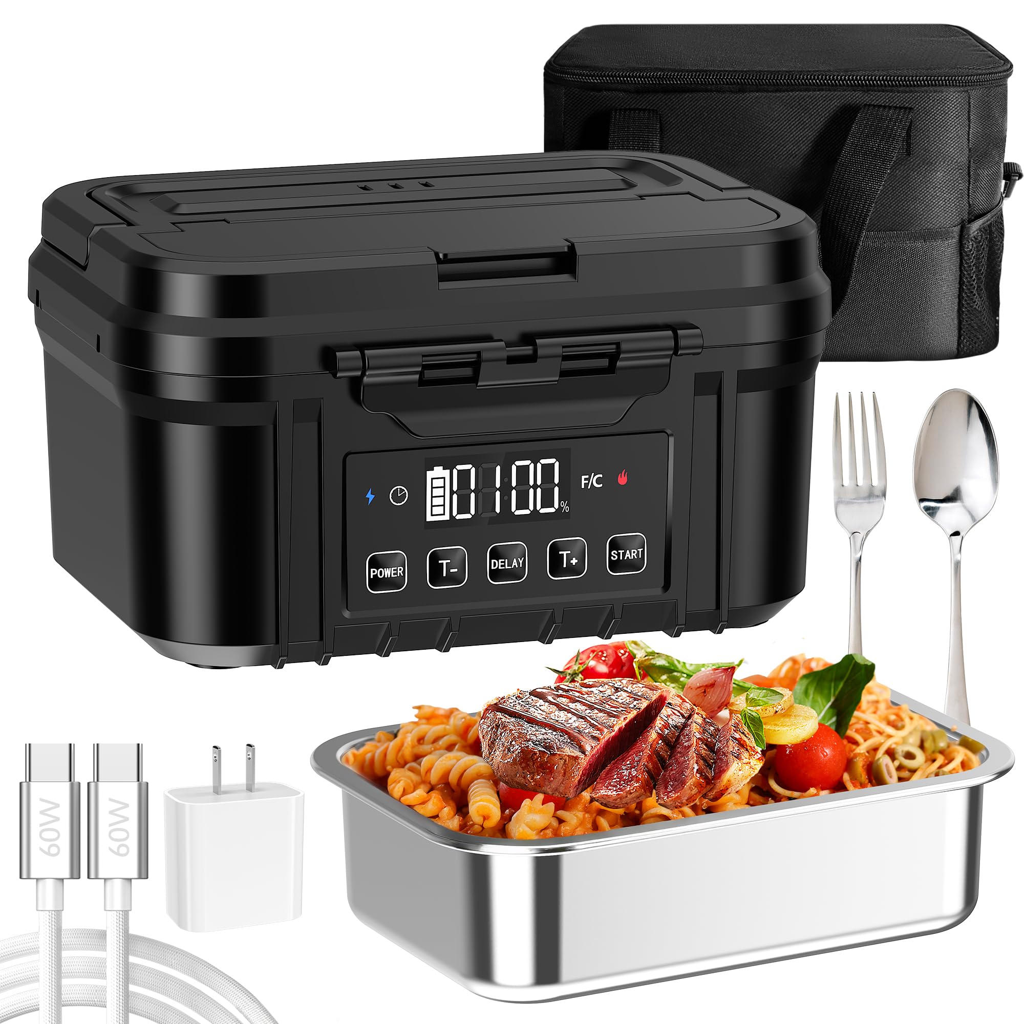 Cordless Electric Lunch Box for Adults – Battery-Powered Heated Lunch Box with 1.2L Stainless Steel Container, Timer Function, and Leak-Proof Food Warmer for Work, Travel & Office