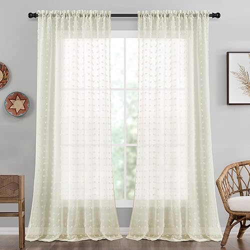Cortina transparente con pompones, color crema, con textura, de 120 pulgadas, juego de 2 paneles, cortinas estéticas para filtrar la luz,