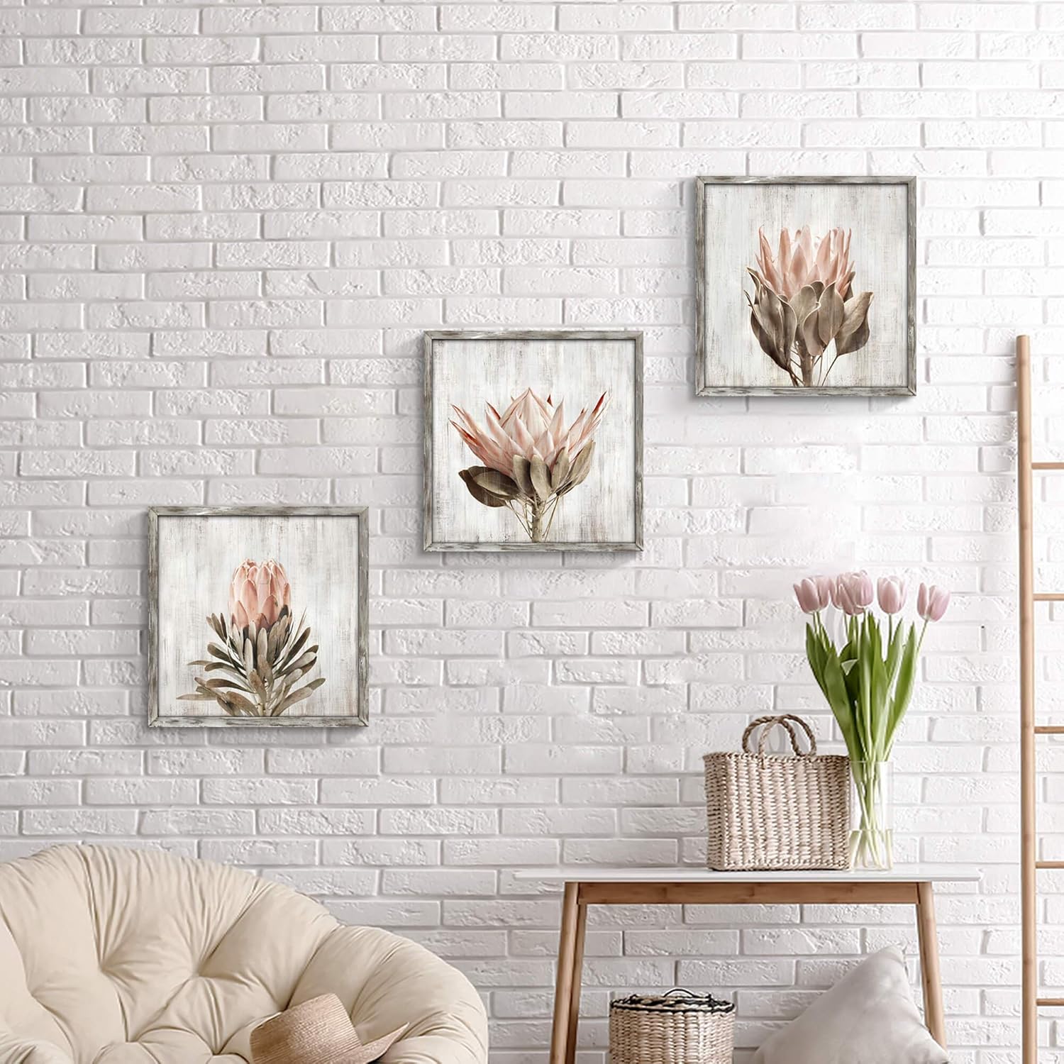 Pink Floral Wall Art Picture: Blossom Protea Flower Artwork Print on Rustic Wood Framed for Home Decor (16” x 16” x 3 Panels)