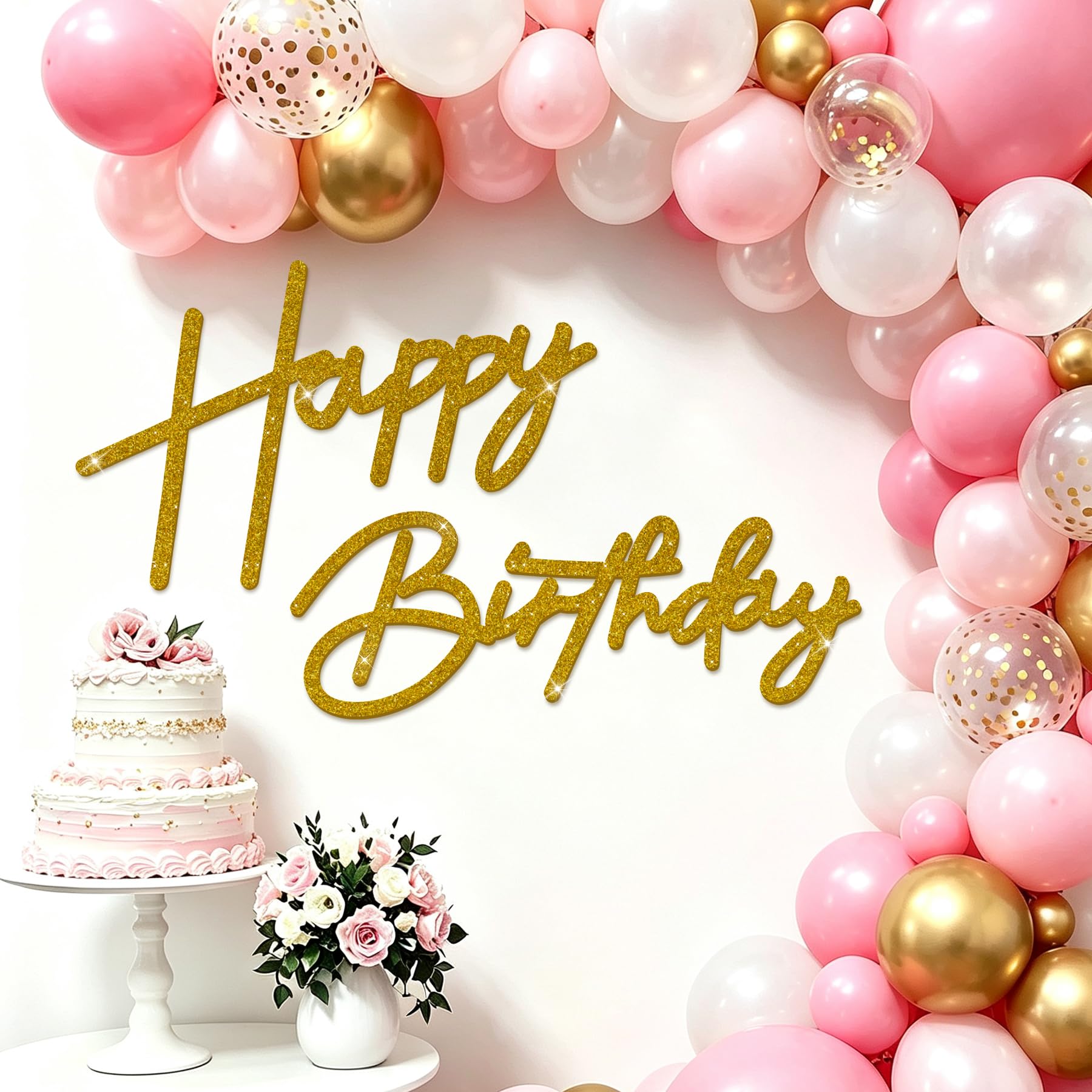 Babenest Glitter Gold Felt Happy Birthday Sign - Reusable Strong Adhesion Letter Banner for Backdrop, Balloon Arch Decor, Party Supplies for Kids Birthday Party Baby Shower Decorations
