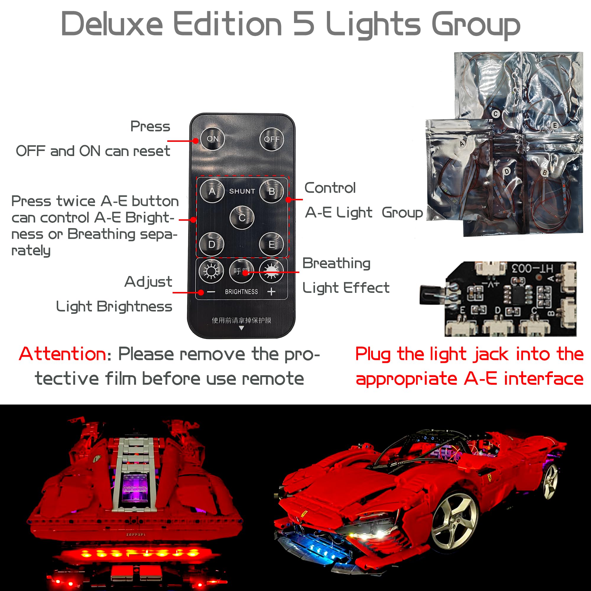 Mutcretus 44PCS Power Function Motor Set, New Lighting Groups by Remote Control&Battery Pack Motors Kit for Lego Technic Sets, Electric Functions Rack Gears for Kid&Adult, Black Furious Upgraded