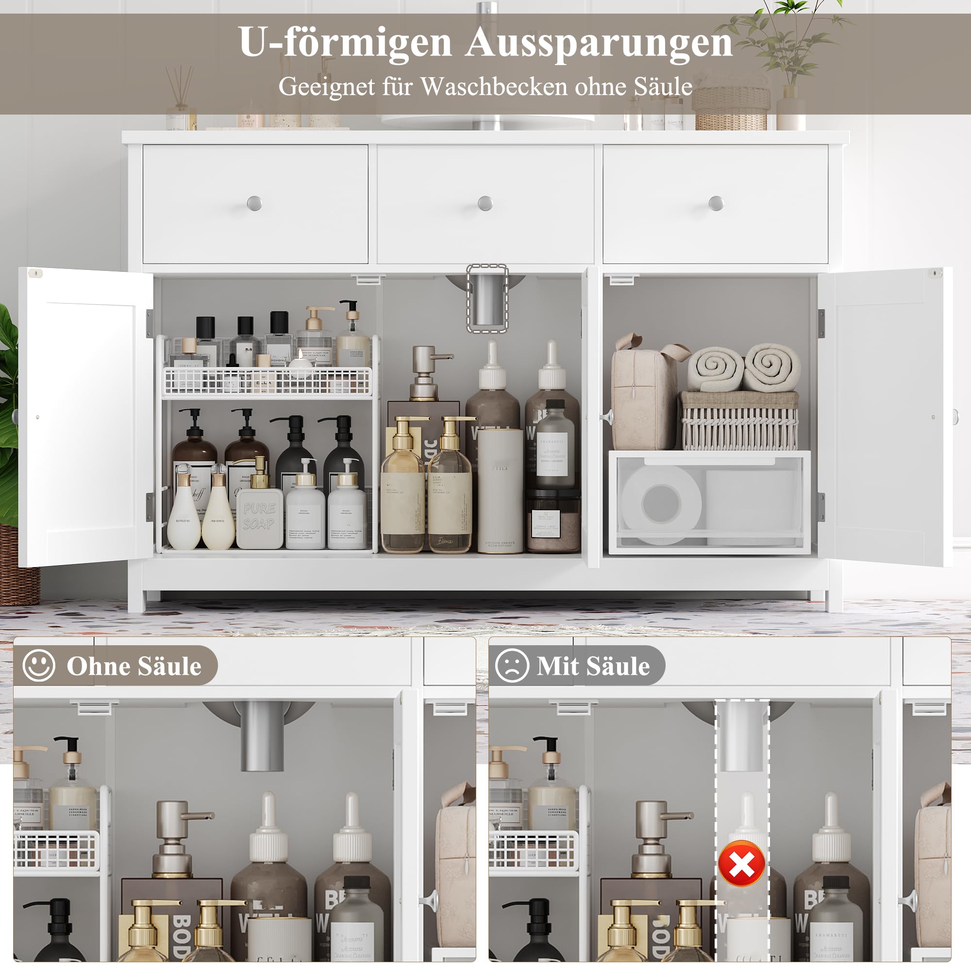 FOREHILL Waschbeckenunterschrank 100cm breit Unterschrank Badezimmerschrank mit 3 Türen und 2 Schubladen für Badezimmer,100x30x61cm, Weiß