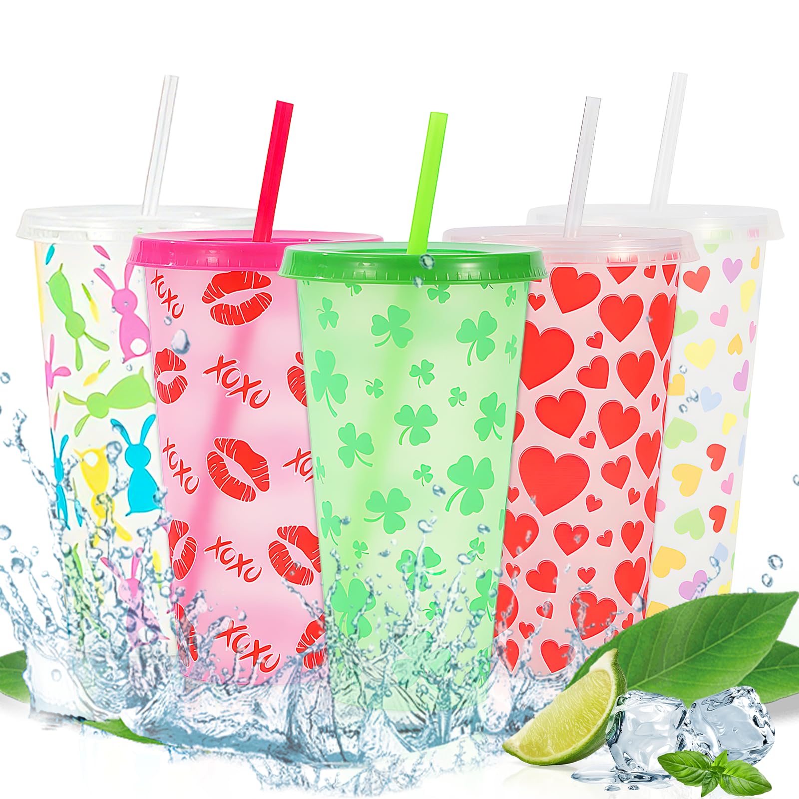 Bicchieri con Cannuccia Che Cambiano Colore, 720 Ml, Set da 5 Pezzi, con Coperchio e Cannuccia, Bicchieri Riutilizzabili e Lavabili per Milkshake, Bicchieri per Bevande da Festa