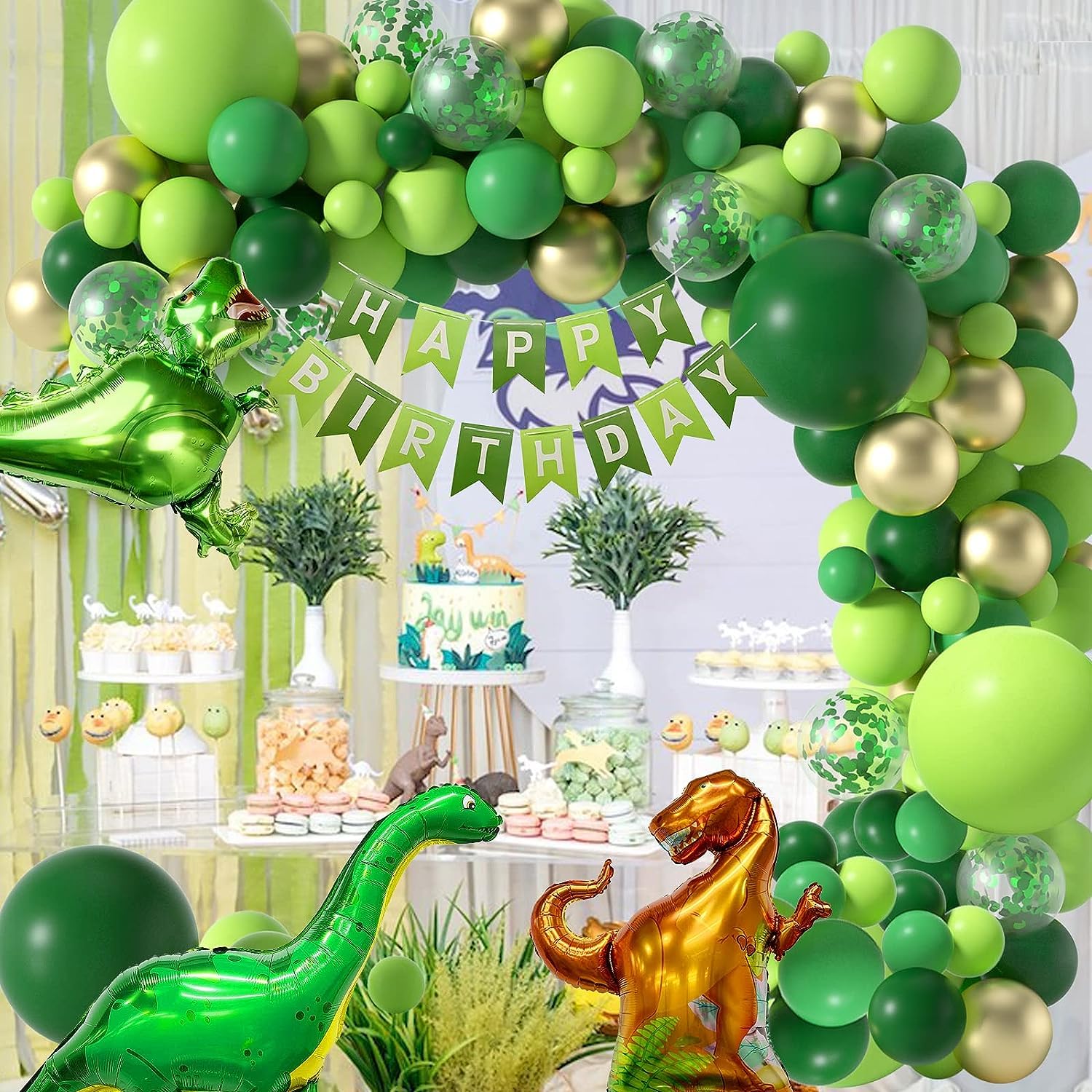 Green Balloon Arch Kit With Dinosaur Balloons, Dinosaur Theme Party Decoration With Green