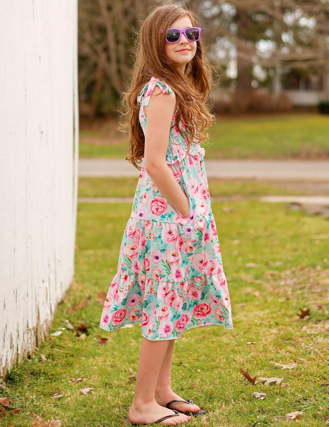 Kids4ever Girls Spaghetti Strap Dress 6-12Y Kids Sleeveless Cami Dresses Summer Beach Smocked Tiered Sundress with Pockets - Image 4