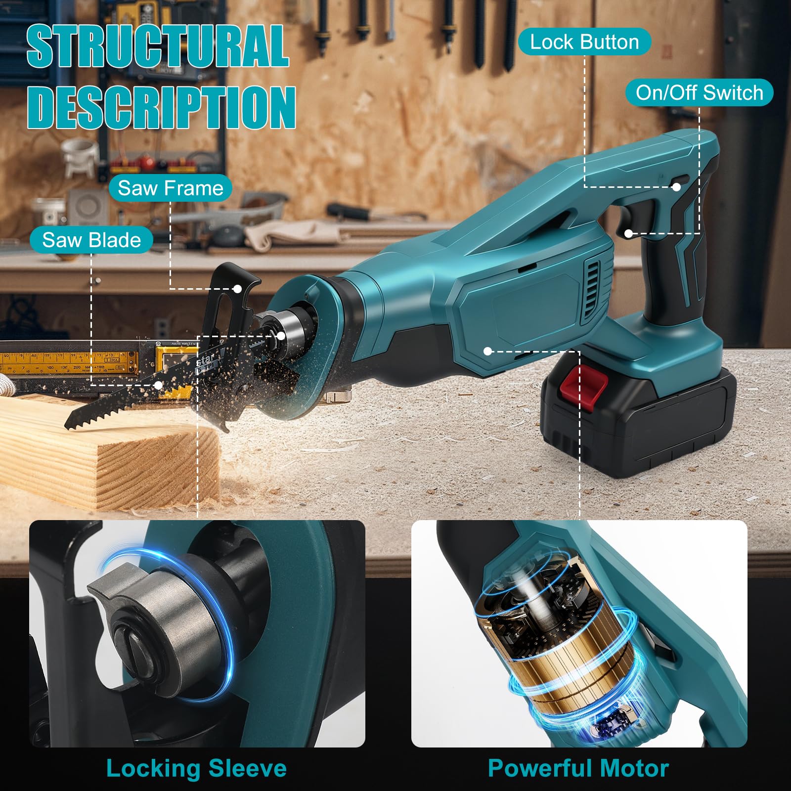 Sierra Sable compatible con Makita 18V batería, Sierra Alternativa Sin Escobillas de Velocidad Variable, 3200 SPM, 4 Hojas para Herramienta de Corte de Metal/Madera/PVC (Sin batería)