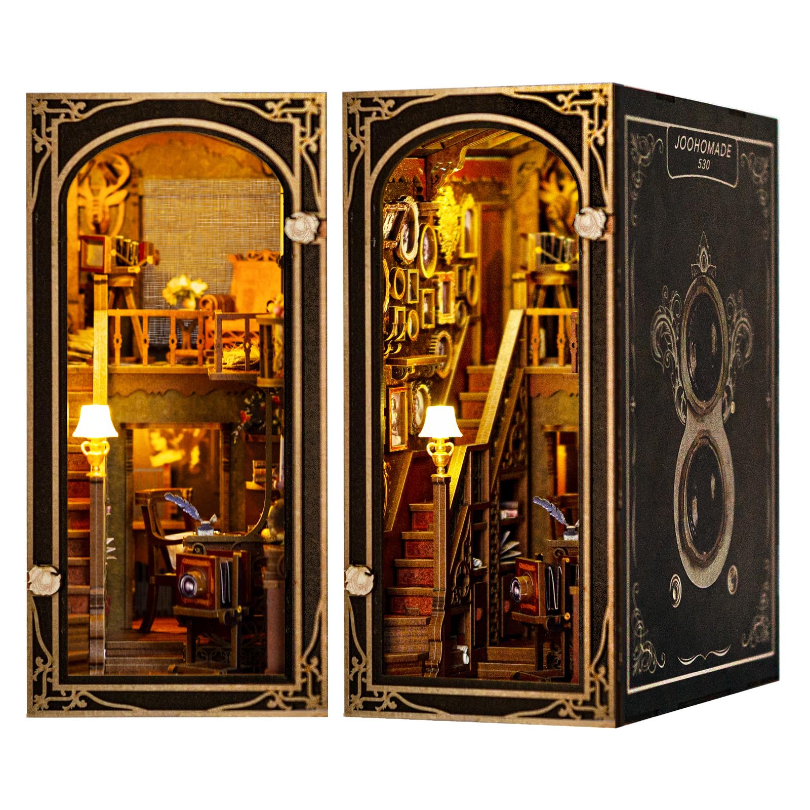JOOHOUR DIY Book Nook Kit, Dollhouse Miniature Bookshelf Insert Decor with 3D Wooden Puzzle, LED Light, Gift for Teenagers and Adults