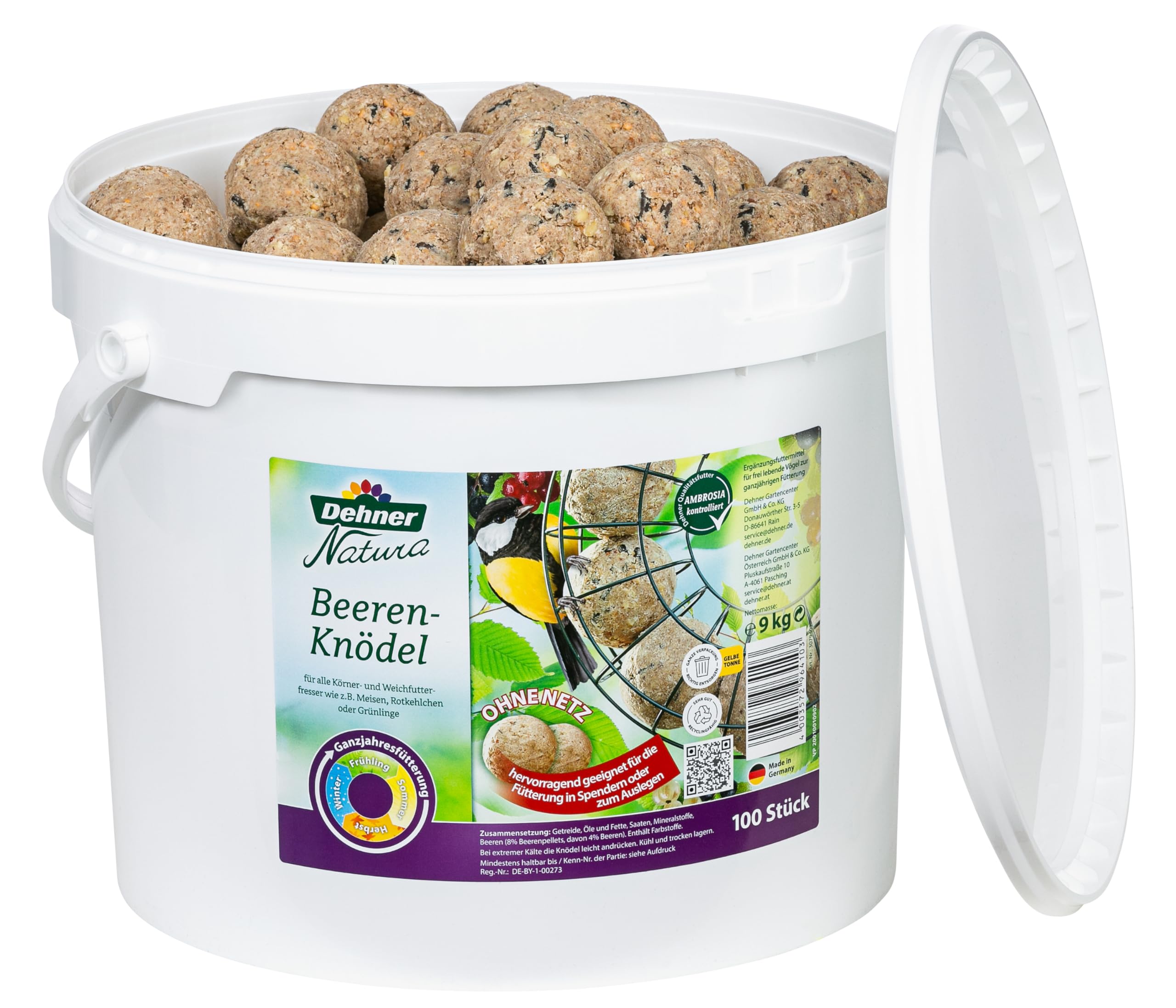Dehner Natura Wildvogelfutter, Streufutter, 20 kg & Natura Wildvogelfutter, Beeren-Knödel ohne Netz, 100 Stück (10 kg)