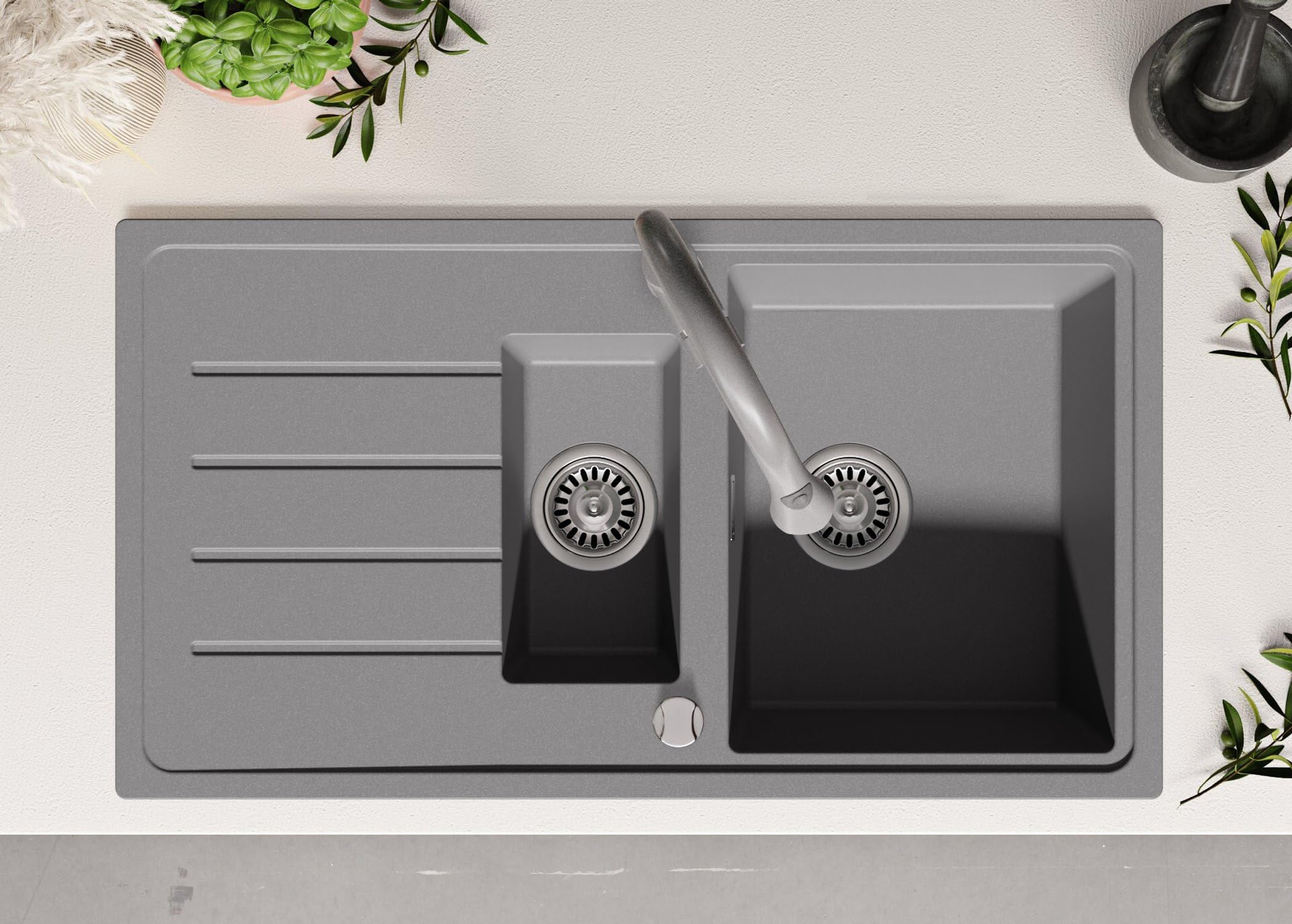 PRIMAGRAN Evier Cuisine en Granit Gris 90x50cm, Lavabo 1,5 bacs + Robinet 32x20cm + Kit de Vidage, Évier à Encastrer au Meuble 60cm - Copenhague Duo S015