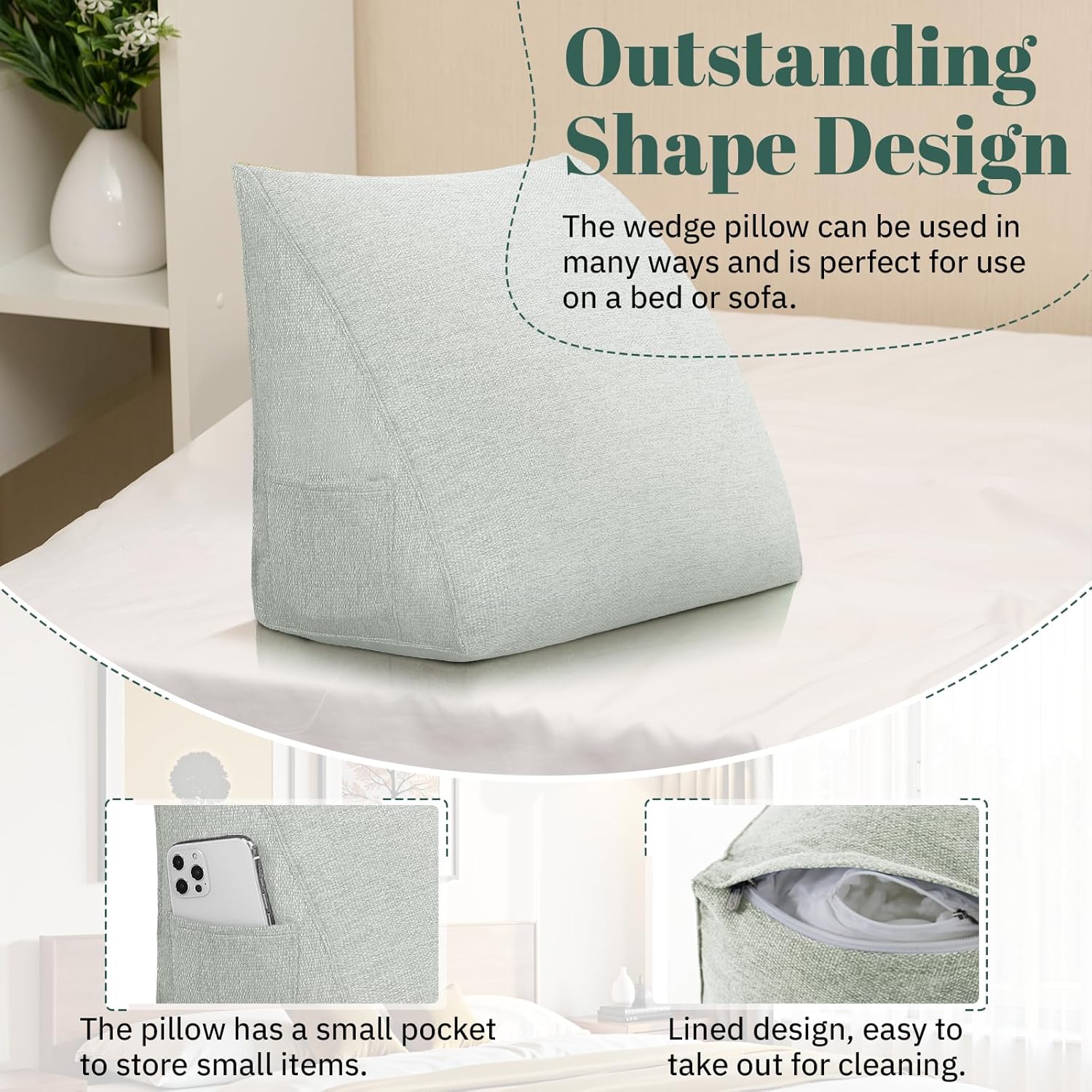 Wedge Pillow Headboard Reading Pillow Triangular Backrest Support Pillow for Sitting in Bed Positioning Support Pillow for Sofa Daybed Removable Cover