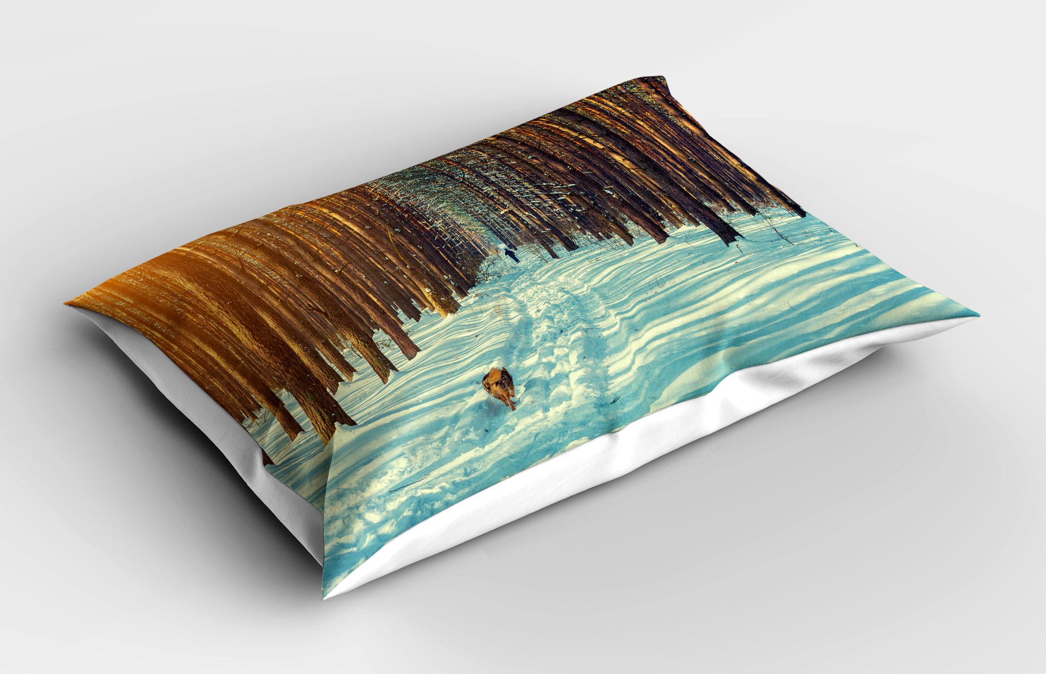 Ambesonne Winter Pillow Sham, Skier Running Dog in The Forest Winter Season Snow and Dead Nature, Decorative Standard King Size Printed Pillowcase, 36