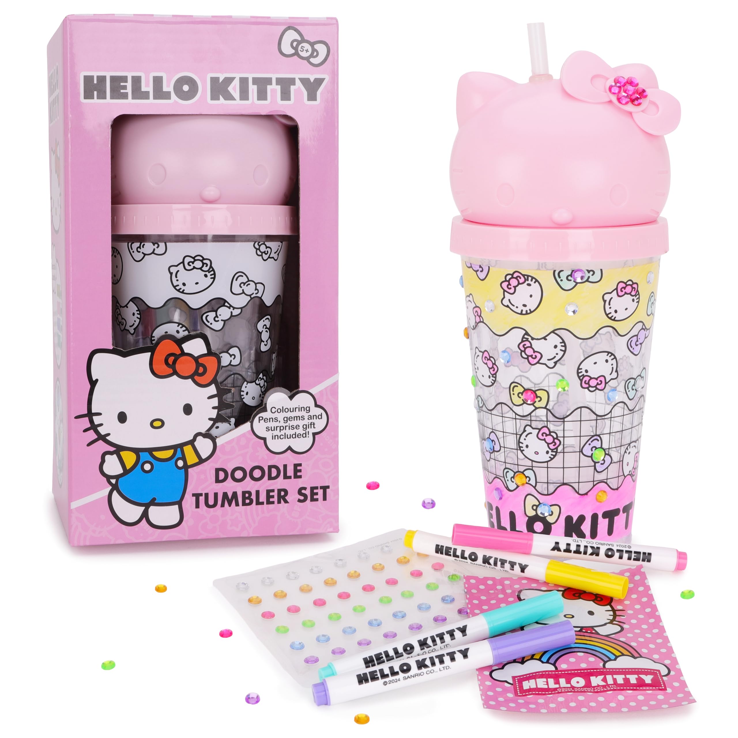 Toyland® Hello Kitty 700ml Kids Tumbler - Decorate Your Own BPA Free Water Bottle - Includes 48 Gems, 4 Pastel Colouring Pens & A Surprise Gift