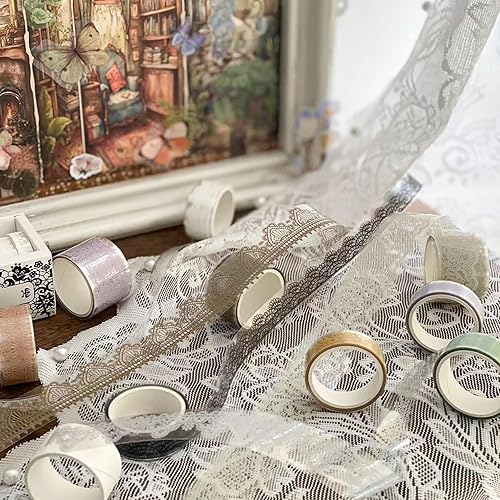 Miniatura 7 de Songdao 6 rollos de cintas de PET con patrones de encaje, arte floral, juego de cinta adhesiva transparente para manualidades, niños, álbumes de