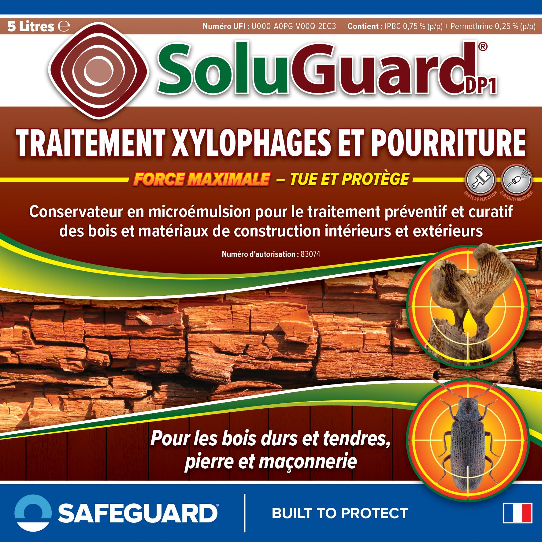 SoluGuard Traitement Xylophages et Pourriture du Bois - 5 L - Protection Fongicide Poutre, Charpente, Bois Intérieur et Extérieur - Protection Contre les Vrillettes, Termites et les Champignons