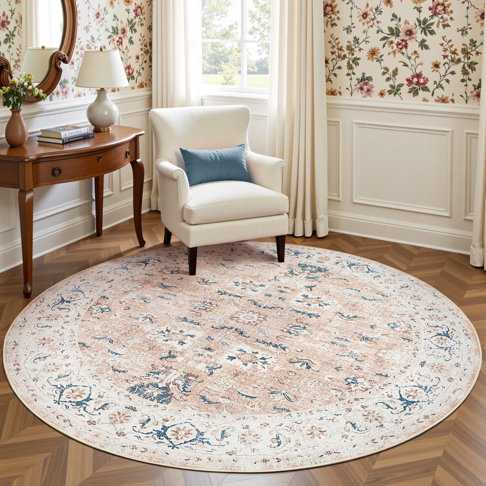 jinchan Round Rug 7ft Area Rug - Washable Boho Vintage Floral Circle 7' Round Floor Cover Lightweight Low Pile Thin Throw Non-Slip Carpet for Kitchen