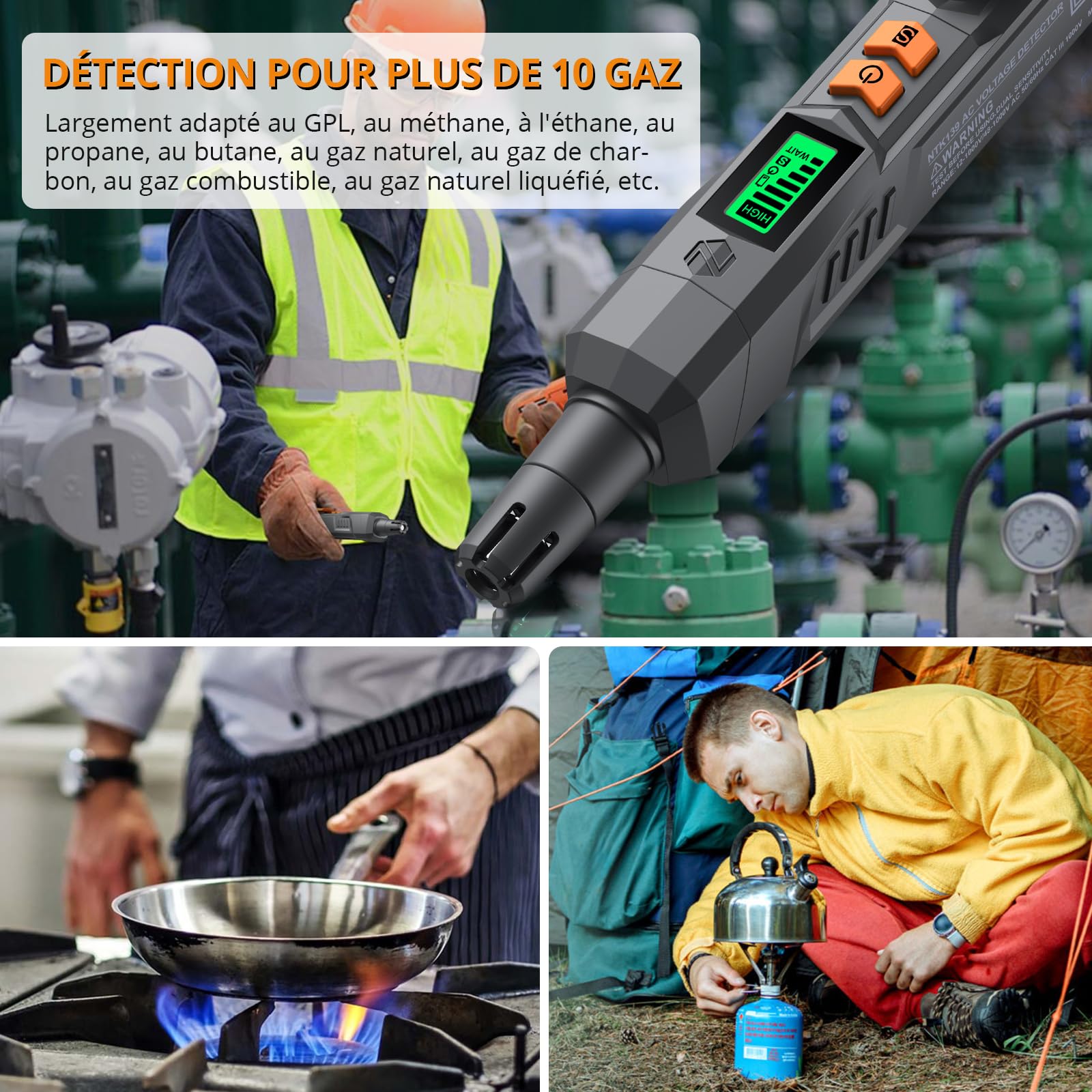 Neoteck Détecteur de Fuites de Gaz Naturel avec Alarme Sonore Visuelle Analyseur de Combustion Portable Localiser Les Fuites de Monoxyde Carbone Méthane CO2 pour Camping Car Maison - Gris
