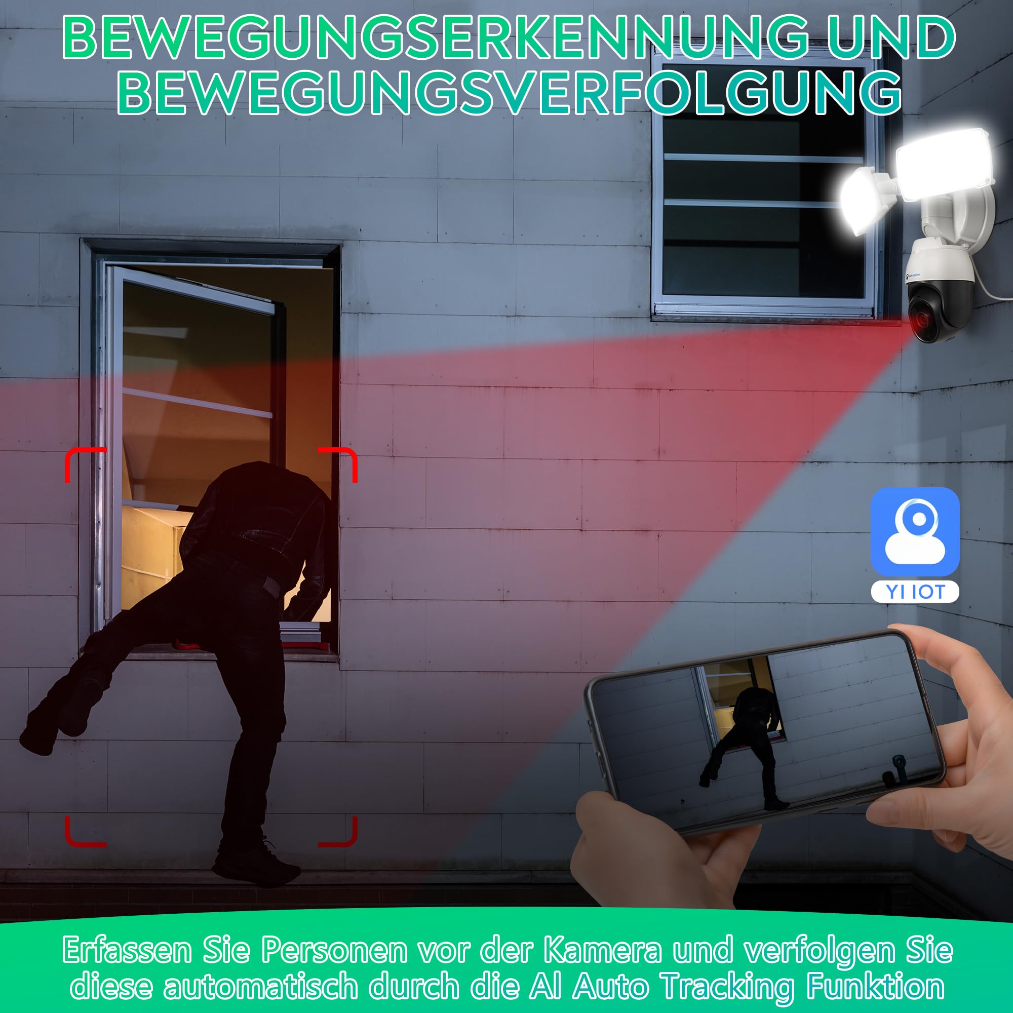 WLAN Überwachungskamera | Sicherheitskamera mit Nachtsicht | Lampe Flutlicht | Kamera Außen Beleuchtung | mit AI Bewegungsverfolgung & App-Steuerung | Smart Home Sprechanlage (mit Netzteil)