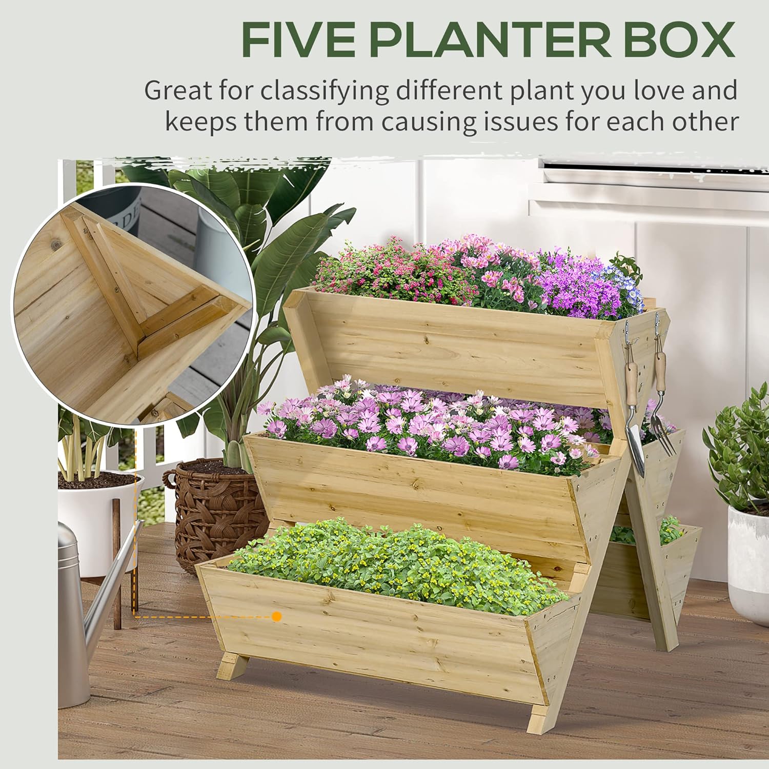 Outsunny Raised Garden Bed Wood, Freestanding Planter Stand with 5 Planting Boxes and 4 Hooks, Good for Herbs, Flowers, or Vegetables in Patio Balcony Indoor Outdoor - Image 3