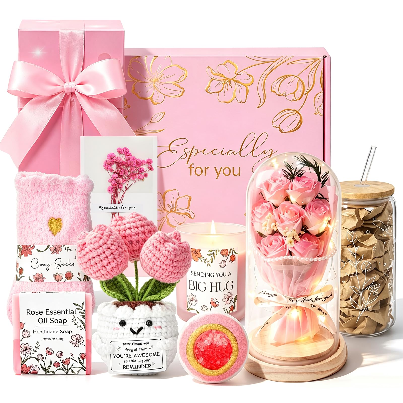 Regalos para mujeres, mamá, su amiga, hermana, esposa, rosa eterna iluminada y vela, cesta de regalo relajante para el cuidado personal, regalo de spa, regalos de cumpleaños y Navidad