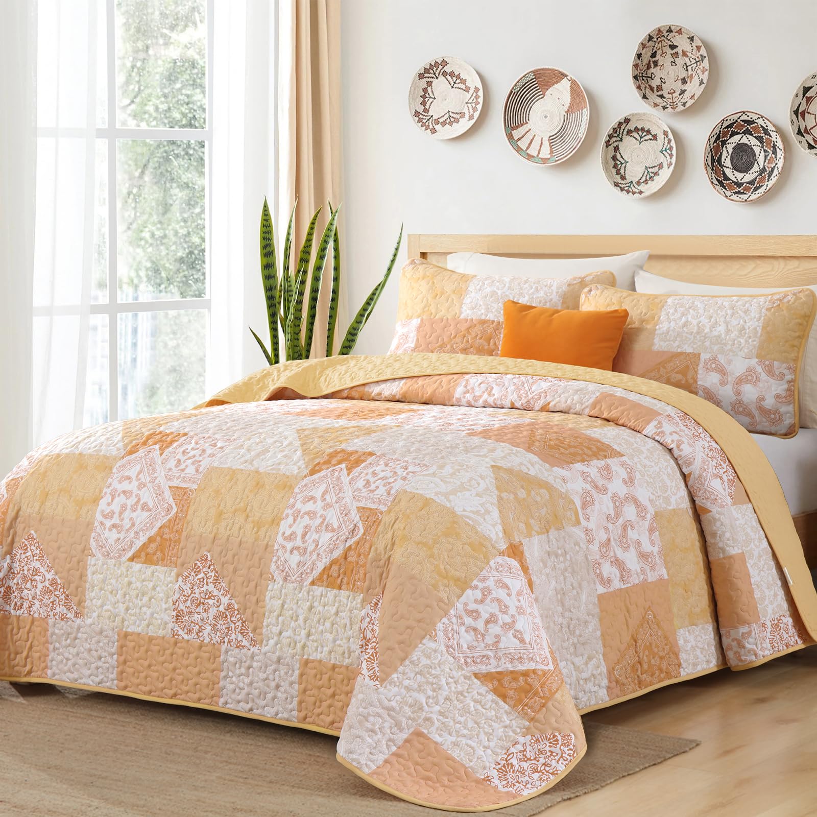 Mybedsoul Yellow Patchwork Quilts Queen Size, Soft Paisley Floral Queen Bedspreads Bedding Set, 3 Pieces Spring Reversible Plaid Coverlet Set for All Season 96x90 Inch — image 1