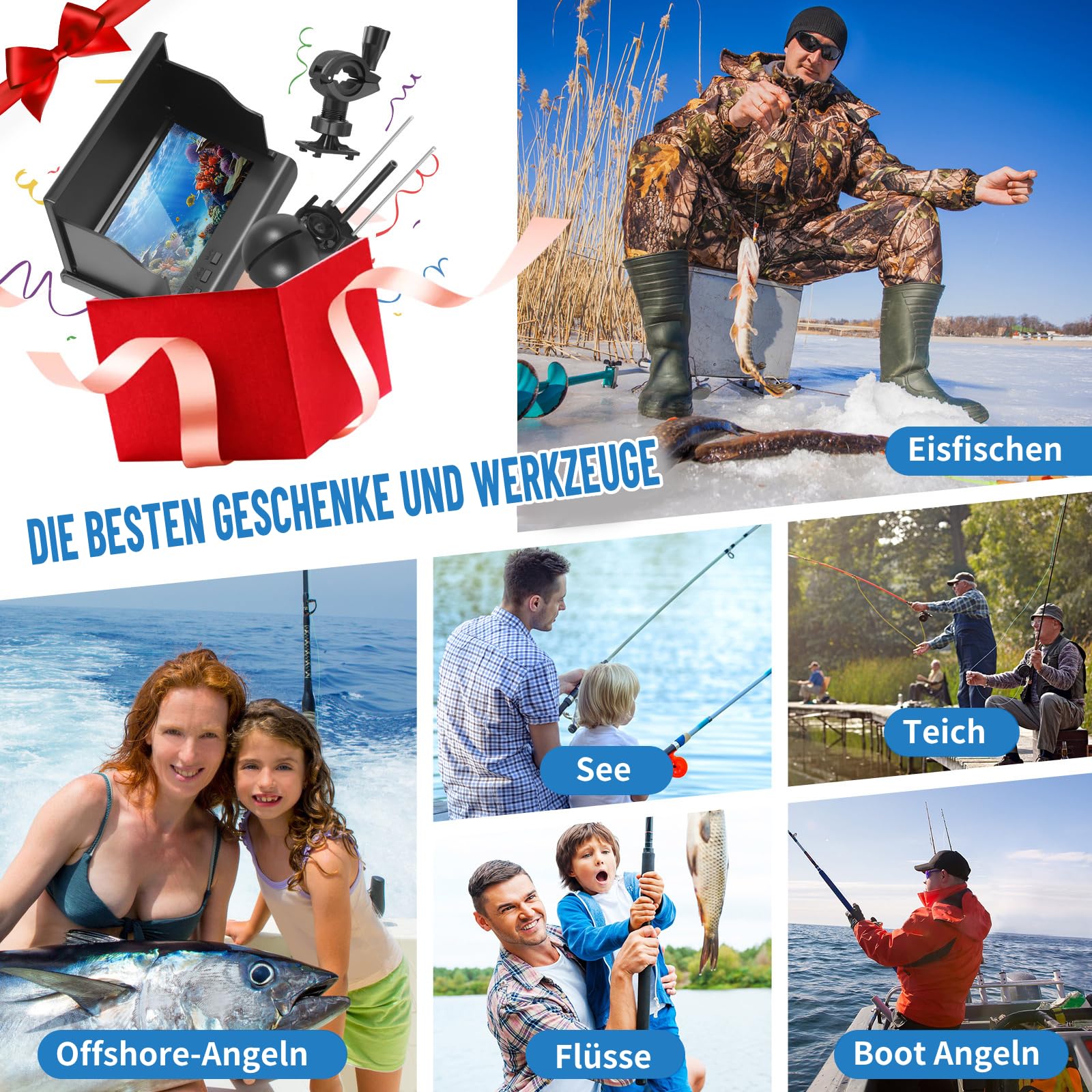 Fishfinder Cámara Submarina Pesca, Gran Angular Infrarrojo Visión Nocturna, Cámara Submarina Buscador de Peces con 220° HD Cámara y 30 m de Cable para Todas las Aguas - Cámara de Pesca para Pescadores