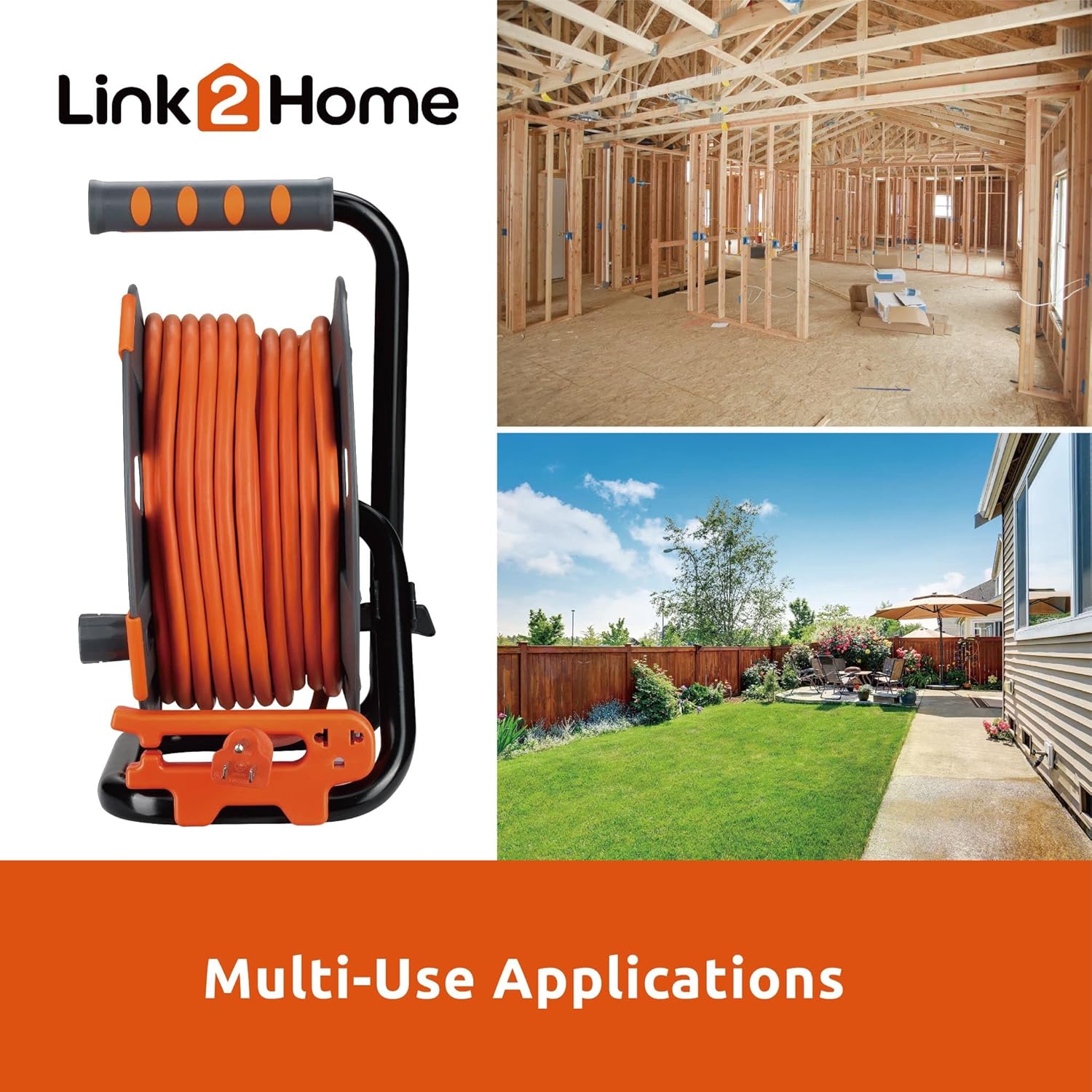 Link2Home Cord Reel 80 ft. Extension Cord 4 Power Outlets – 14 AWG SJTW Cable. Heavy Duty High Visibility Power Cord.