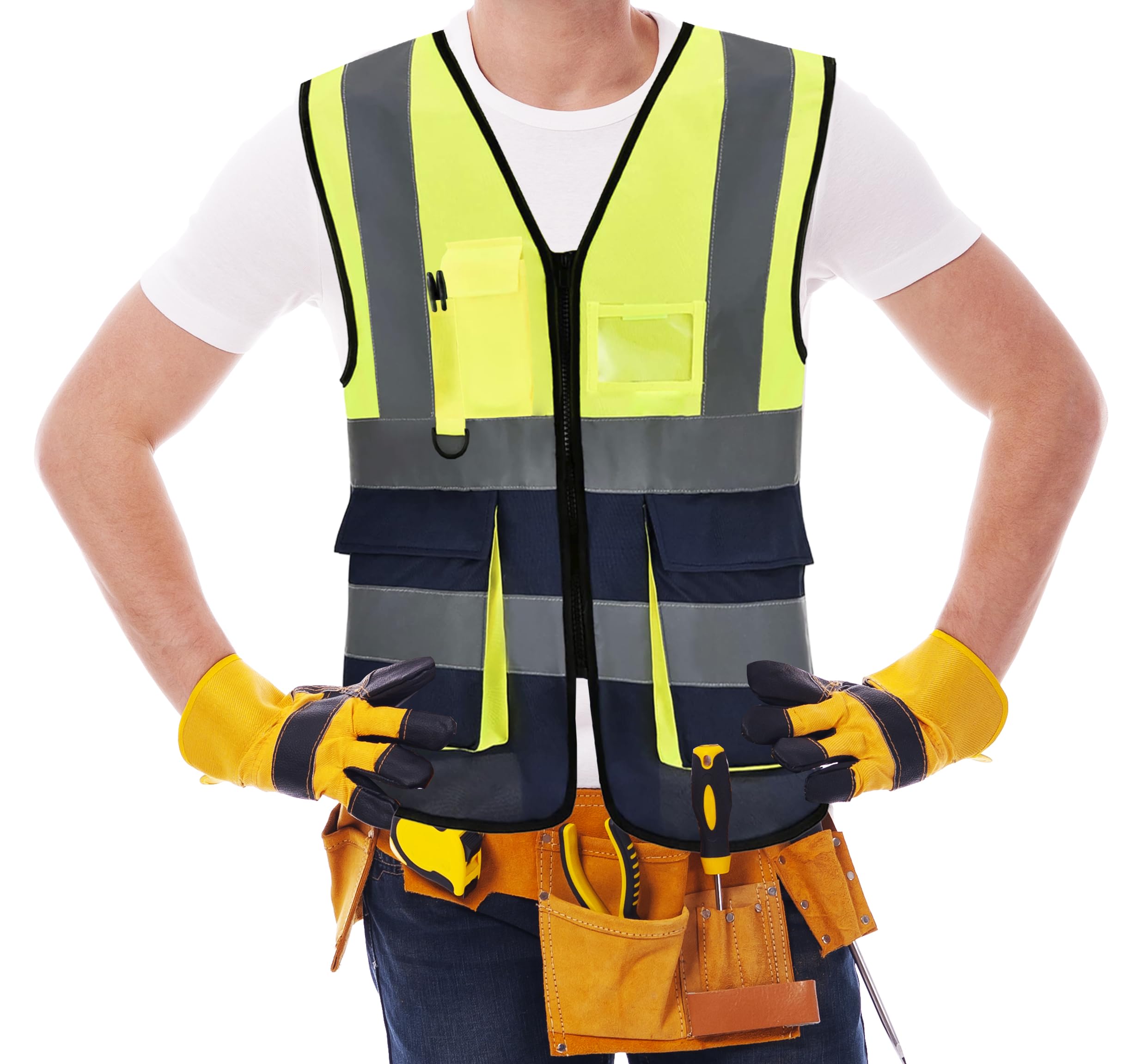 PB TECH Hi Vis Zipper Front High Visibility Reflective Vest Hi Vis Executive Jacket Vest Waistcoat ID & Multiple Pockets (Yellow & Navy - Image 2