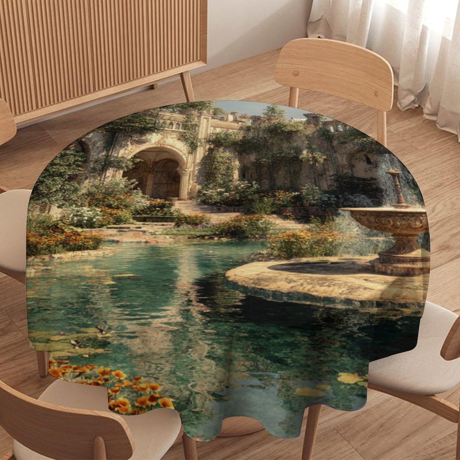LUYYSKY Romantic Rustic Antique Garden Round Tablecloth Retro Realistic Spring Fountain Animal Butterfly Flowers Pattern Washable Decor for Table Cover for Kitchen-177.8" Wx177.8 L cm